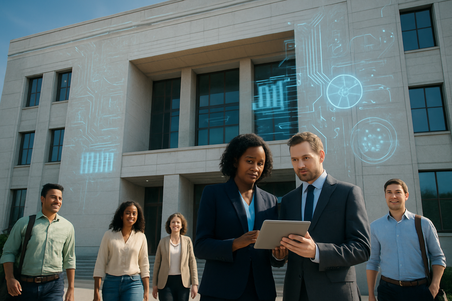 Create a realistic image of a modern government building facade with digital circuit patterns subtly integrated into the architecture, featuring diverse government employees including a black female official and a white male administrator standing at the entrance reviewing digital tablets, with holographic data visualizations floating in the air around them, complemented by citizens of various ethnicities approaching the building with confident expressions, set against a bright blue sky with soft natural lighting that creates an optimistic and forward-thinking atmosphere, showing the seamless blend of traditional government structure with cutting-edge AI technology, absolutely NO text should be in the scene.