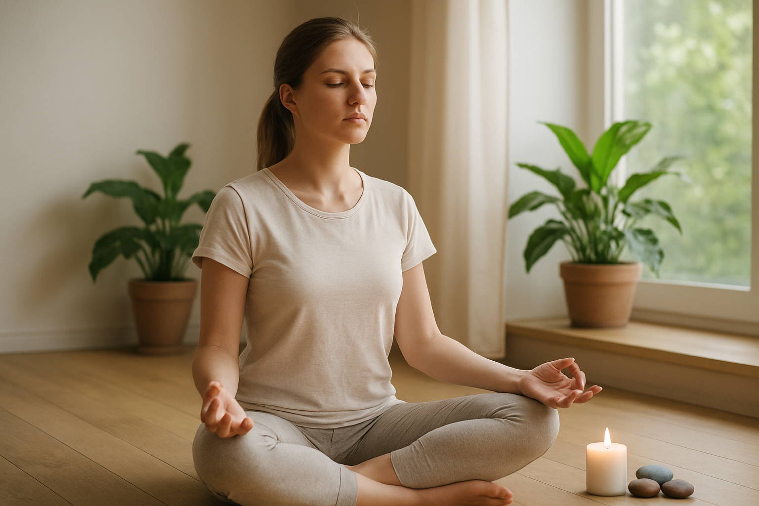 Create a realistic image of a white female sitting cross-legged on a wooden floor in a serene, minimalist room, eyes closed in deep meditation, hands resting gently on her knees in a mudra position, surrounded by soft natural morning light streaming through a large window, a small lit candle and a few smooth stones placed nearby, lush green plants in the background adding a sense of tranquility and connection to nature, the overall mood is peaceful, calm, and spiritually uplifting. Absolutely NO text should be in the scene.