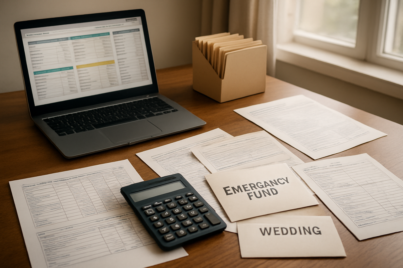 Create a realistic image of a modern desk scene with scattered financial documents including budget spreadsheets, calculator, emergency fund envelope, wedding planning materials, and tax forms representing various special budgeting scenarios, with a laptop computer displaying budget categories, organized filing folders in the background, warm natural lighting from a window, professional and organized atmosphere suggesting financial planning complexity, absolutely NO text should be in the scene.