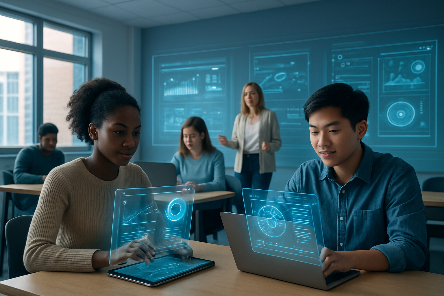 Create a realistic image of a modern classroom environment showing the future of AI-transformed education, featuring a diverse group of students including a black female student and an Asian male student working on tablets and laptops with holographic educational displays floating above their devices, a white female teacher facilitating personalized learning in the background, futuristic digital learning interfaces and adaptive content visualization panels integrated seamlessly into the classroom walls, soft natural lighting streaming through large windows combined with gentle blue-tinted ambient lighting from the technology, creating an atmosphere of innovation and engagement, with the overall scene conveying successful integration of AI technology in education and improved learning outcomes, absolutely NO text should be in the scene.