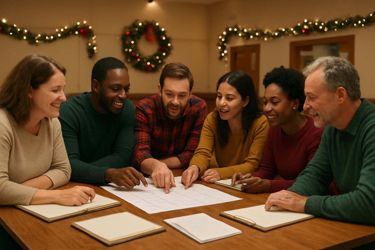Create a realistic image of a diverse group of community members including white, black, and Hispanic adults both male and female gathered around a large table covered with planning materials like calendars, notebooks, and clipboards, discussing and organizing Christmas events in a warm community center room with holiday decorations, soft overhead lighting creating a collaborative and festive atmosphere, with people pointing at papers and engaged in animated conversation, Christmas garlands and wreaths visible in the background, absolutely NO text should be in the scene.