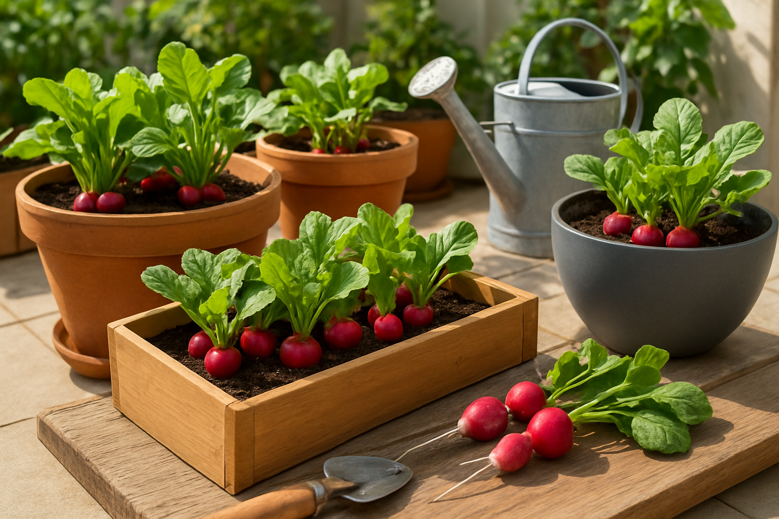 Create a realistic image of vibrant red and white radishes growing in various container gardens including wooden raised beds, terracotta pots, and modern planters arranged on a sunny balcony or patio, with healthy green leafy tops emerging from rich dark soil, some freshly harvested radishes with roots visible lying nearby on a wooden surface, gardening tools like a small trowel and watering can positioned naturally in the scene, bright natural daylight creating a cheerful gardening atmosphere, absolutely NO text should be in the scene.