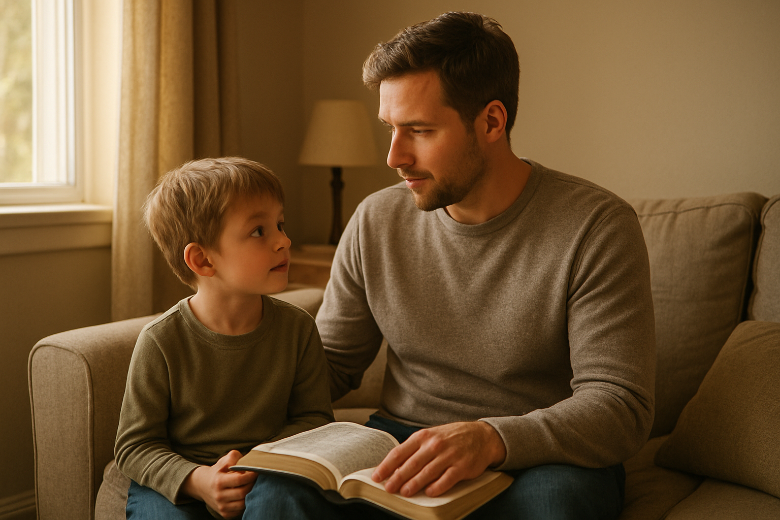 Create a realistic image of a white male father in his 30s sitting on a couch having a calm, caring conversation with his young child who is sitting beside him, with an open Bible resting on the father's lap, warm natural lighting streaming through a nearby window creating a peaceful atmosphere in a comfortable living room setting, the father's expression showing gentle authority and love while maintaining eye contact with the child, soft earth-toned colors throughout the scene conveying warmth and security, absolutely NO text should be in the scene.