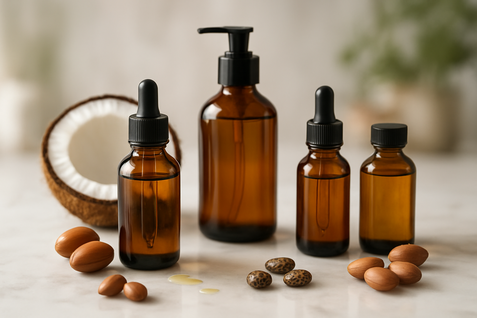 Create a realistic image of various carrier oil bottles arranged on a clean white marble surface, including amber glass bottles of jojoba oil, coconut oil, argan oil, and castor oil, with some bottles having dropper caps and others having pump dispensers, surrounded by their natural sources like coconut halves, argan nuts, and castor beans, with soft natural lighting casting gentle shadows, and a few drops of golden oil visible on the surface near the bottles, in a spa-like setting with a blurred background suggesting wellness and natural beauty care, absolutely NO text should be in the scene.