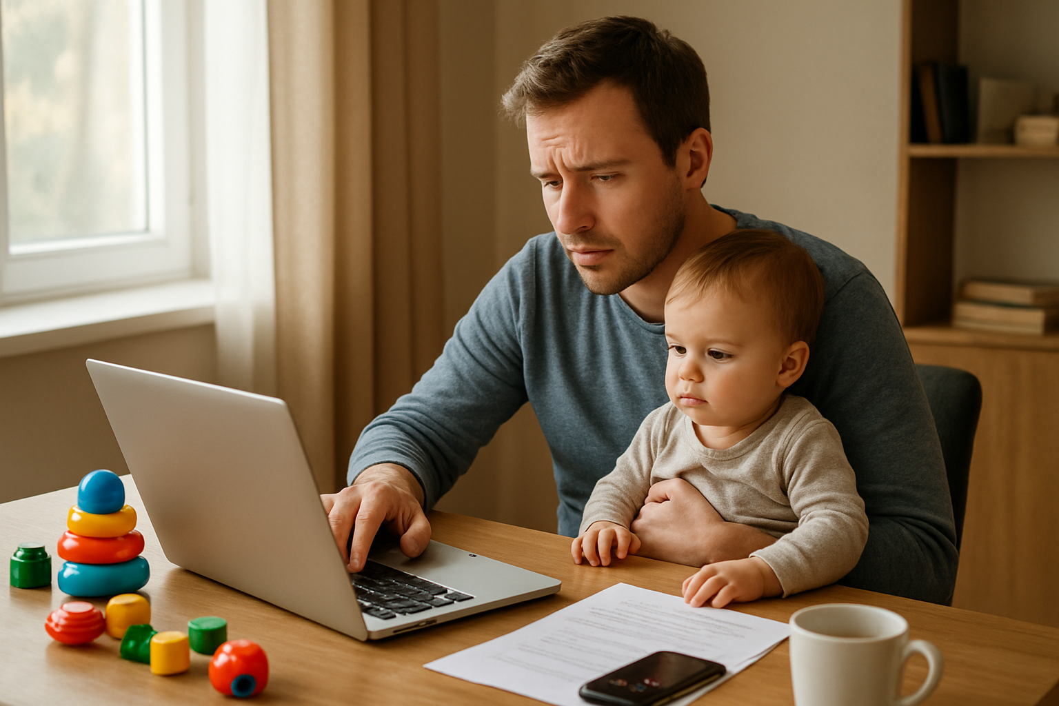 Create a realistic image of a white male father in his 30s sitting at a home office desk with a laptop open, while simultaneously holding his young toddler on his lap, with children's toys scattered on the desk beside work papers, a coffee mug, and a smartphone showing missed calls, in a warm, naturally lit room with a window showing daylight, conveying the challenge of balancing professional responsibilities with parenting duties, with a slightly stressed but caring expression on the father's face. Absolutely NO text should be in the scene.