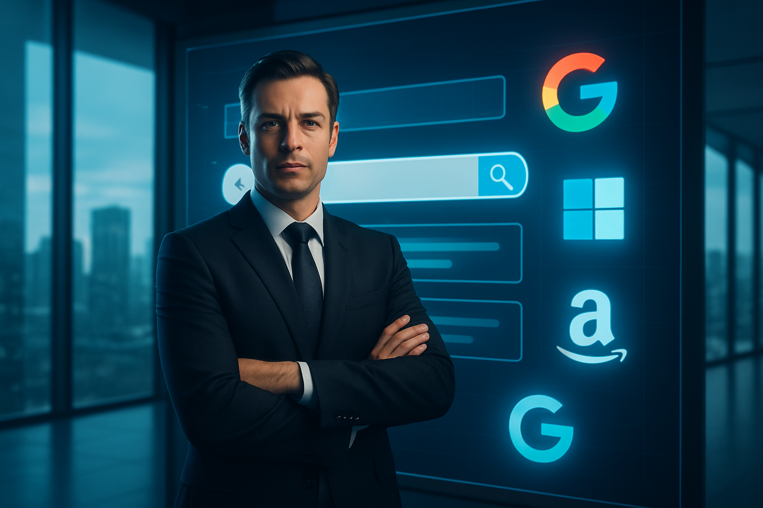 Create a realistic image of a professional white male executive in a business suit standing confidently in front of a large digital dashboard displaying search result snippets and zero-click search features, with glowing brand logos floating around him, set in a modern corporate office with floor-to-ceiling windows showing a city skyline, dramatic lighting with blue and white tech-inspired illumination, conveying authority and digital expertise in the modern search landscape, absolutely NO text should be in the scene.