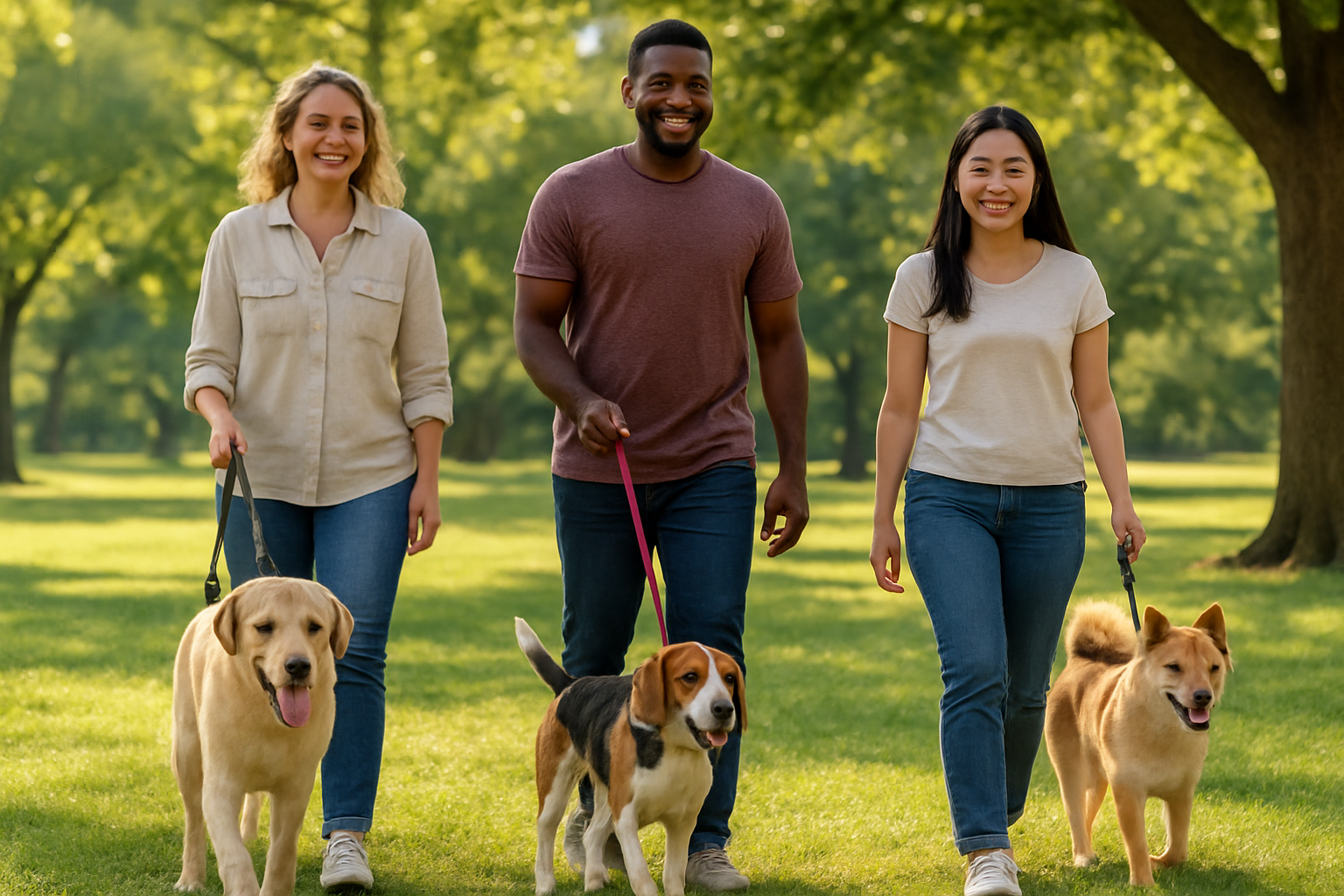Create a realistic image of a diverse group of happy dog owners including a white female, black male, and Asian female, each walking different breeds of dogs on leashes in a beautiful park setting with green grass and trees in the background, showing genuine smiles and relaxed body language as they enjoy peaceful walks with their well-behaved dogs, natural sunlight filtering through tree branches creating a warm and positive atmosphere, absolutely NO text should be in the scene.