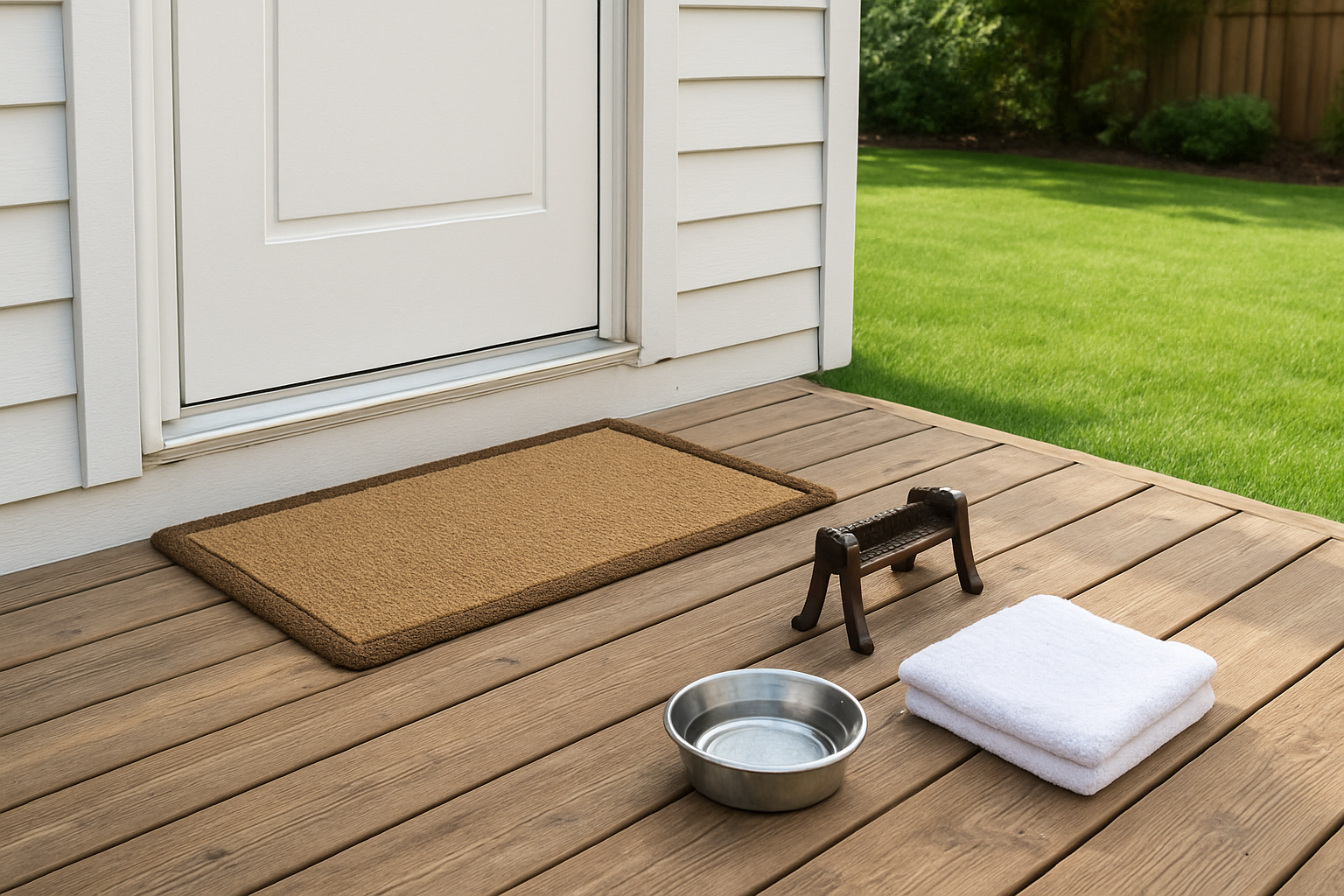 Create a realistic image of a clean, well-maintained backyard entrance area with a neat doormat placed at the back door threshold, a small boot scraping station with a metal boot scraper beside the entrance, a water bowl and towel neatly arranged on a wooden deck or patio surface, the background showing a tidy backyard with green grass and no mud visible near the entry point, bright natural daylight creating a clean and organized atmosphere, absolutely NO text should be in the scene.