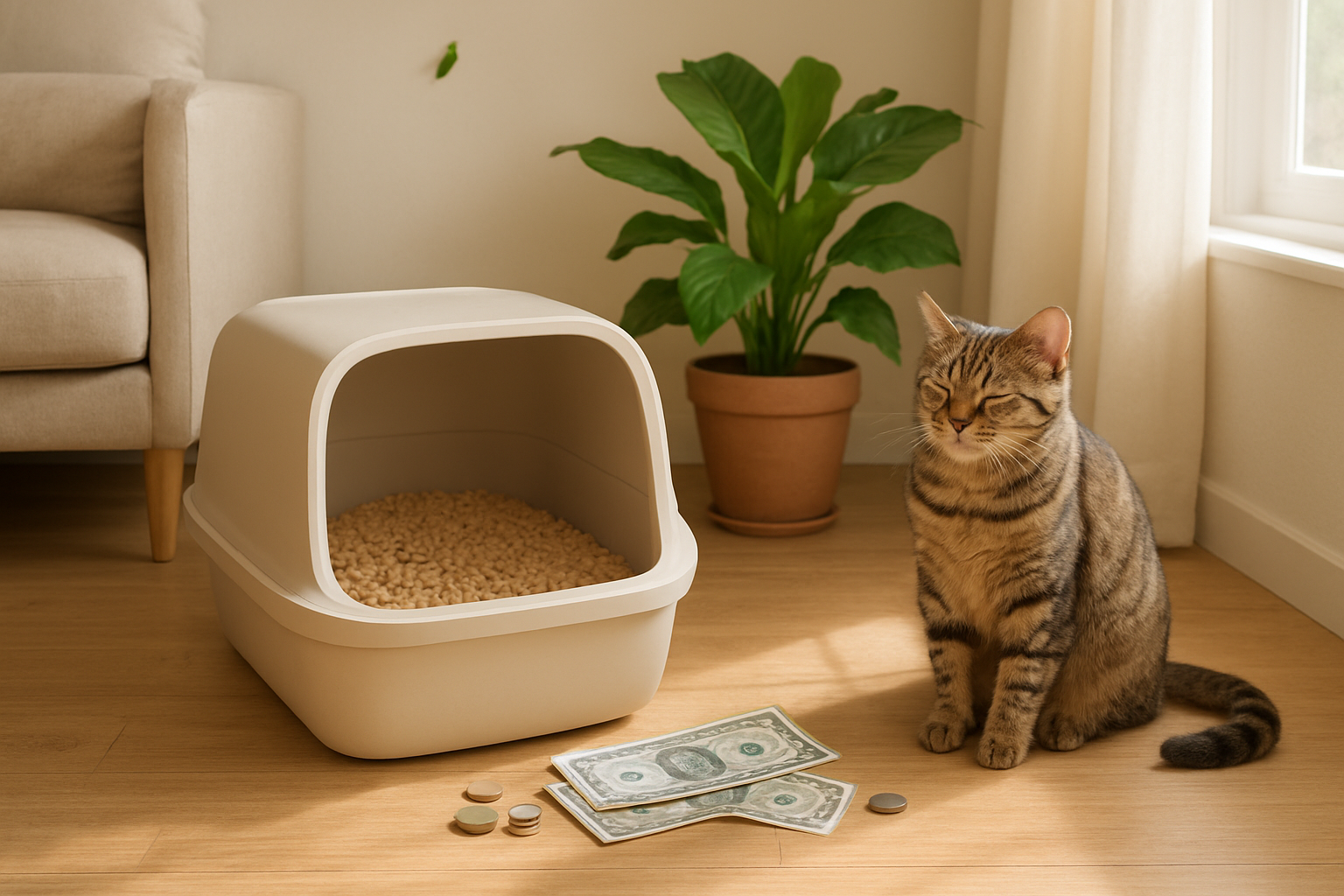 Create a realistic image of a pristine living room scene featuring a modern eco-friendly cat litter box with natural biodegradable litter visible inside, positioned on a wooden floor next to a healthy green potted plant, with a content tabby cat sitting nearby, soft natural sunlight streaming through a window illuminating the scene, dollar bills and coins scattered tastefully around the litter box symbolizing savings, small green leaves and earth-tone elements in the background suggesting environmental consciousness, warm and inviting atmosphere with clean minimalist aesthetics, absolutely NO text should be in the scene.