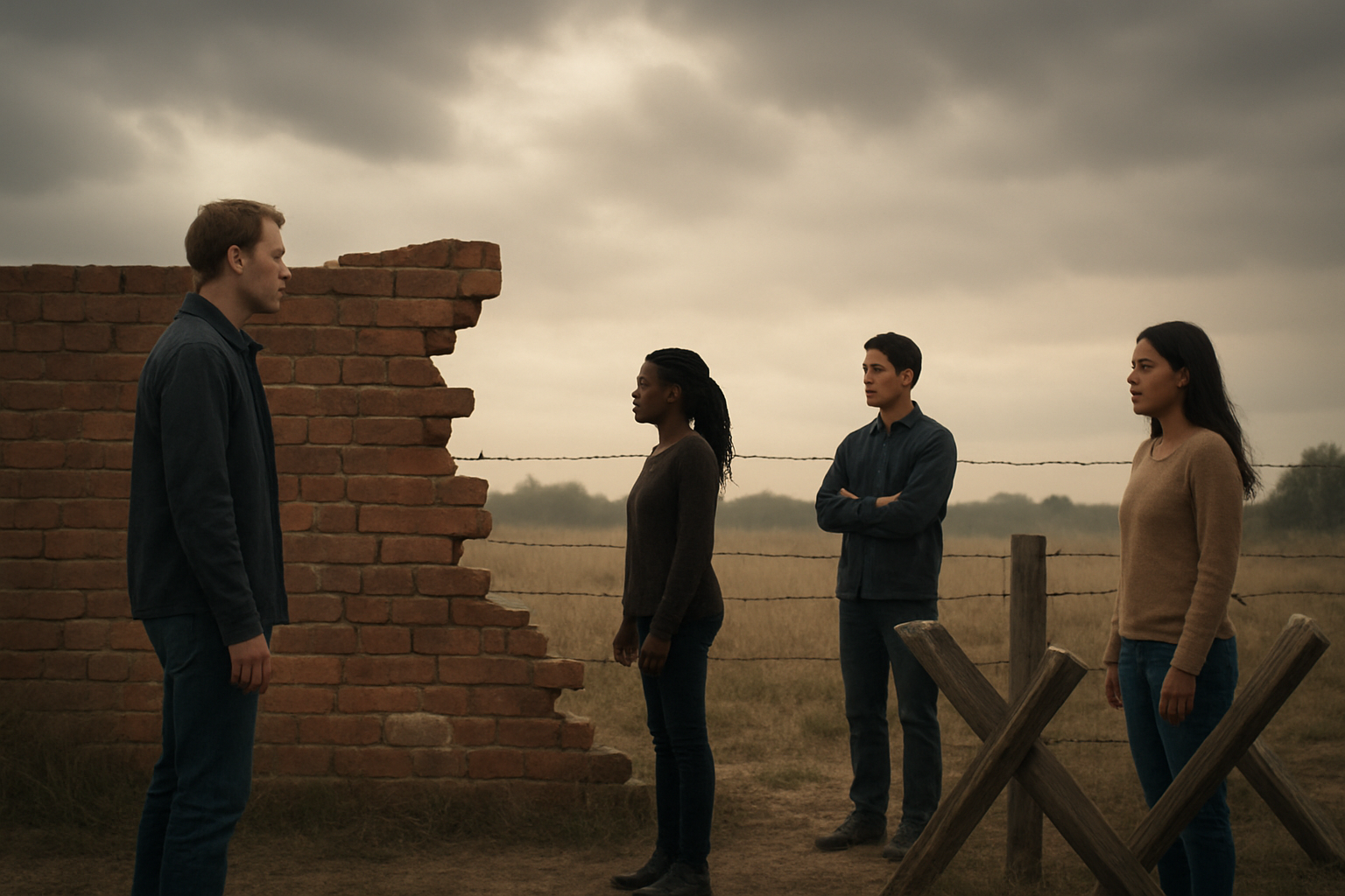 Create a realistic image of a symbolic scene showing various barriers that divide people, featuring a broken brick wall with gaps between sections, barbed wire fences, and wooden barriers scattered across a landscape, with silhouettes of diverse people including white males, black females, Asian males, and Hispanic females standing separated on different sides of these barriers, set against a moody overcast sky with soft natural lighting filtering through clouds, conveying a somber yet hopeful atmosphere about division and the potential for unity, absolutely NO text should be in the scene.