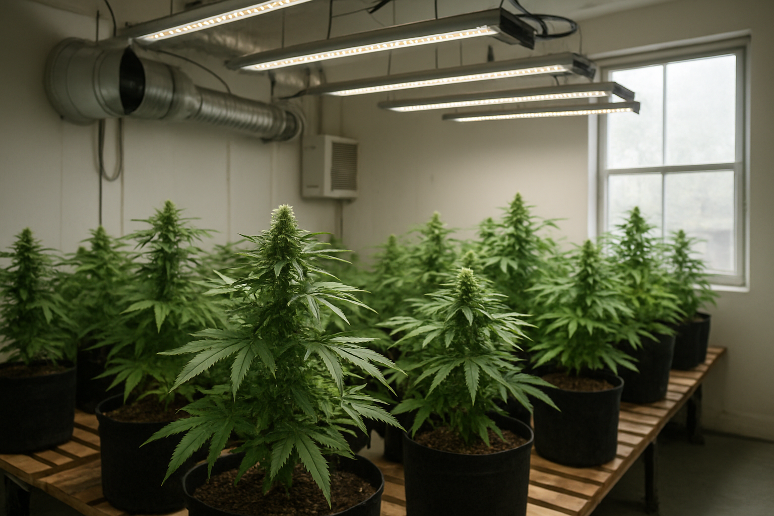 Create a realistic image of a small-scale cannabis cultivation facility showing carefully tended cannabis plants in various stages of growth, with a focus on quality over quantity, featuring organized growing equipment like LED lights and ventilation systems, set in a clean indoor environment with natural lighting filtering through windows, conveying an artisanal and meticulous approach to cannabis production. Absolutely NO text should be in the scene.