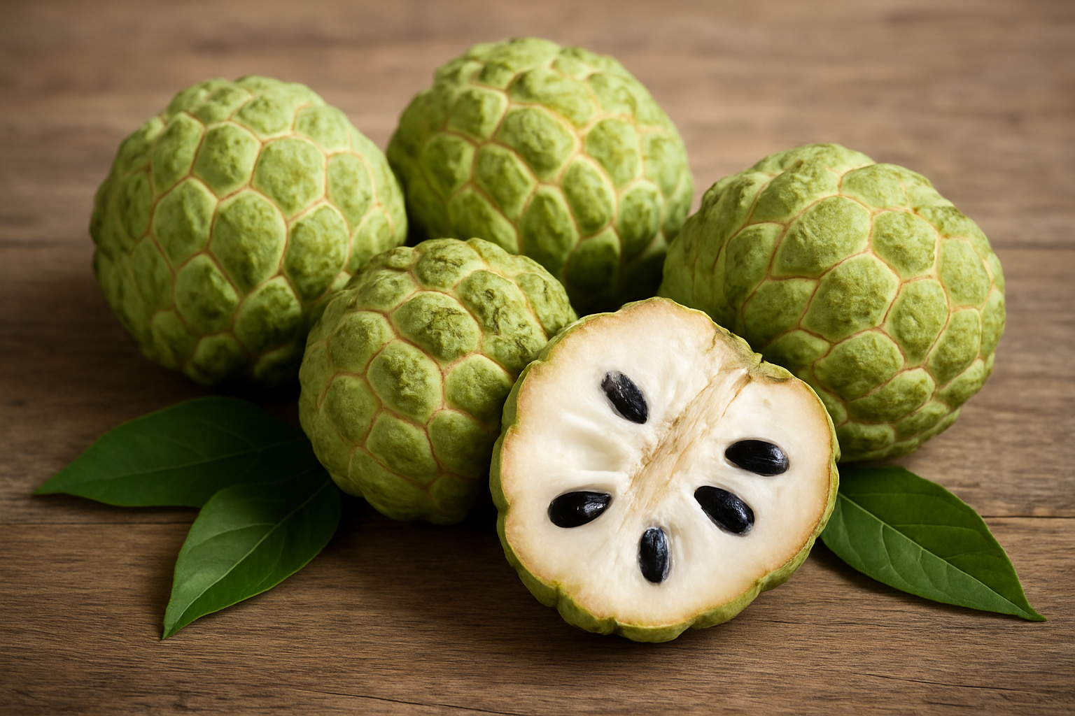 Create a realistic image of fresh custard apples displayed on a rustic wooden surface, showing both whole fruits with their distinctive green, scaly textured skin and one cut open to reveal the creamy white flesh with black seeds inside, surrounded by a few green leaves, natural daylight illuminating the scene with soft shadows, clean and simple composition focusing on the fruit's unique characteristics and natural beauty, absolutely NO text should be in the scene.