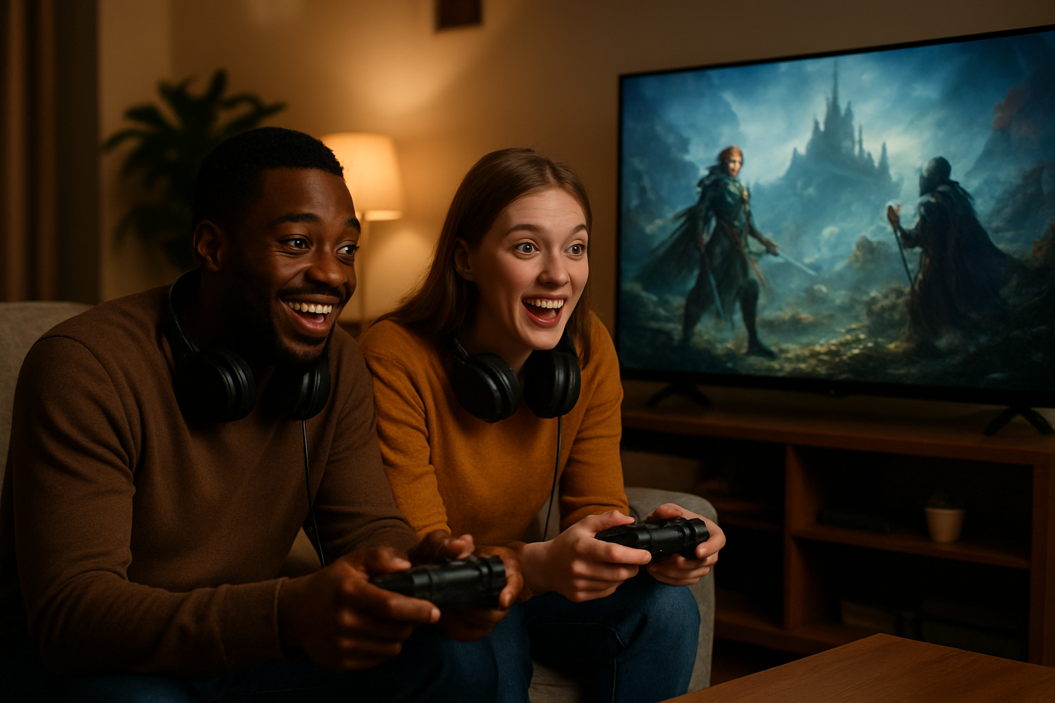 Create a realistic image of two diverse gamers, one black male and one white female, sitting on a comfortable couch in a modern living room, both holding gaming controllers and looking engaged at a large TV screen displaying a fantasy adventure scene with mystical characters and landscapes, warm ambient lighting from table lamps creating a cozy gaming atmosphere, with gaming headsets around their necks and excited expressions on their faces as they play together, absolutely NO text should be in the scene.