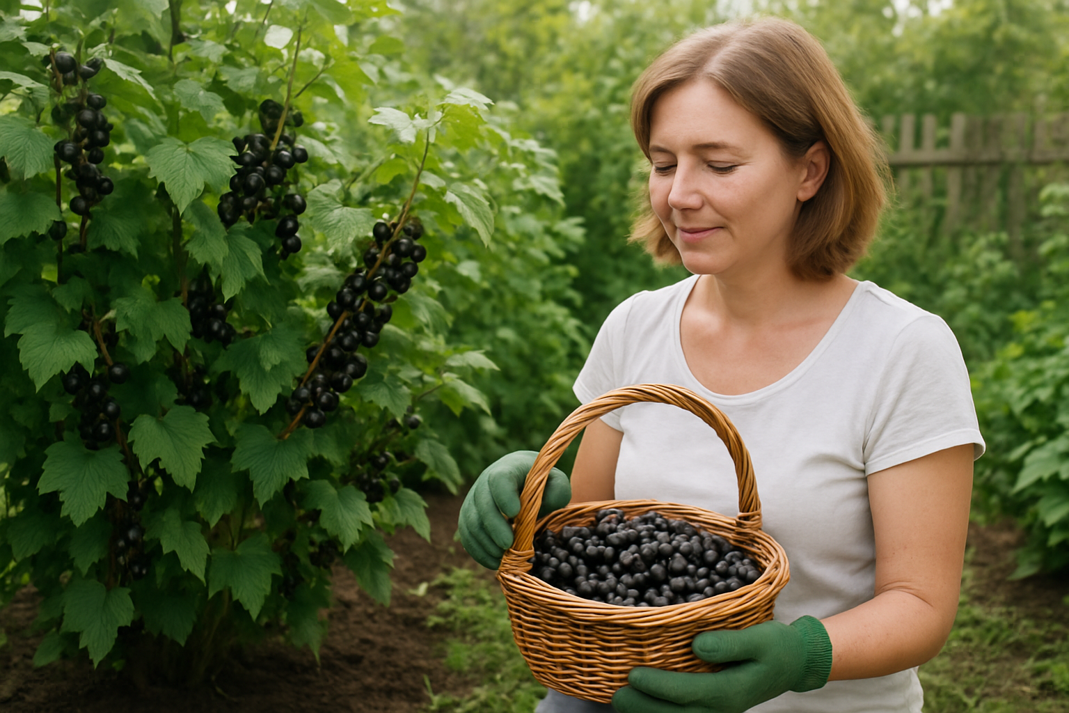 Create a realistic image of a flourishing black currant garden with healthy black currant bushes loaded with ripe dark purple-black berries hanging in clusters, a white female gardener in her 40s wearing gardening gloves and holding a wicker basket filled with freshly picked black currants, rich dark soil visible around the plant bases, green foliage creating a lush backdrop, soft natural daylight filtering through, peaceful rural garden setting with wooden fence in background, showcasing successful cultivation and harvesting of black currants, absolutely NO text should be in the scene.