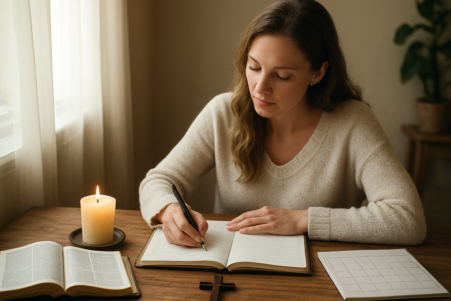 Create a realistic image of a white female sitting at a wooden desk writing in an open journal or planner with a calendar visible beside her, surrounded by spiritual items including a Bible, lit candle, and small cross, with soft natural lighting from a nearby window creating a peaceful atmosphere in a cozy room setting, absolutely NO text should be in the scene.