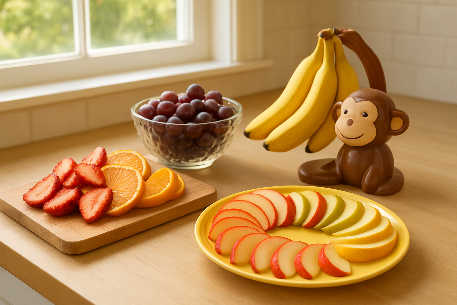 Create a realistic image of a bright, inviting kitchen counter with colorful fruits artfully arranged in attractive ways - sliced strawberries and oranges on a wooden cutting board, grapes in a beautiful glass bowl, bananas in a fun monkey-shaped holder, and apple slices arranged in a rainbow pattern on a cheerful plate, with fruits positioned at child-friendly eye level on a lower counter or table, natural sunlight streaming through a window creating a warm and welcoming atmosphere, absolutely NO text should be in the scene.