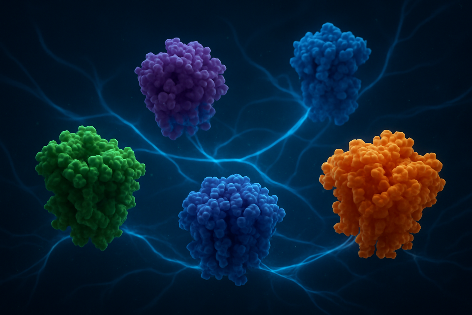 Create a realistic image of a detailed 3D molecular visualization showing various neurotransmitter receptors (NMDA, serotonin, dopamine, and opioid receptors) as colorful protein structures floating in a dark blue background, with glowing synaptic connections and neural pathways represented by luminescent threads connecting the different receptor types, depicting the complex interaction network in brain tissue with soft ambient lighting highlighting the molecular details and therapeutic pathways, absolutely NO text should be in the scene.