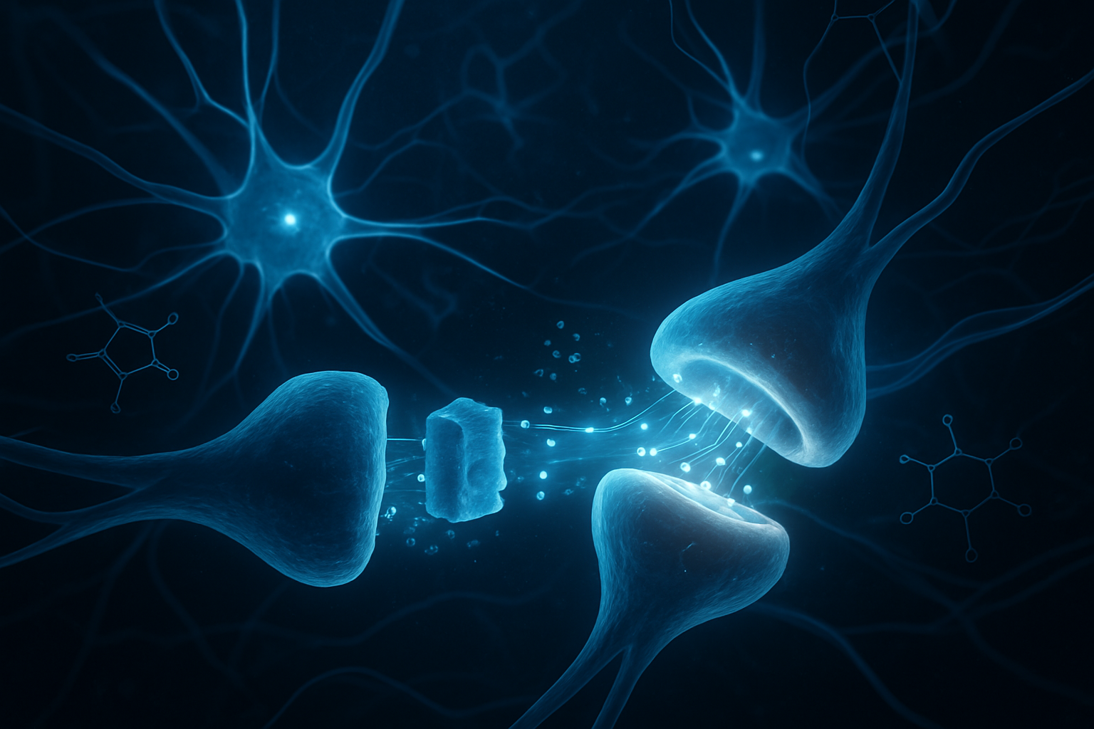 Create a realistic image of a scientific diagram-style visualization showing neural pathways and brain synapses being interrupted, with glowing neurons and neurotransmitter pathways in blue and white against a dark background, featuring molecular structures and receptor sites being blocked or modified, with flowing energy patterns being redirected through alternative neural circuits, soft ambient lighting highlighting the intricate biological processes, conveying a sense of medical intervention and neurological healing, absolutely NO text should be in the scene.