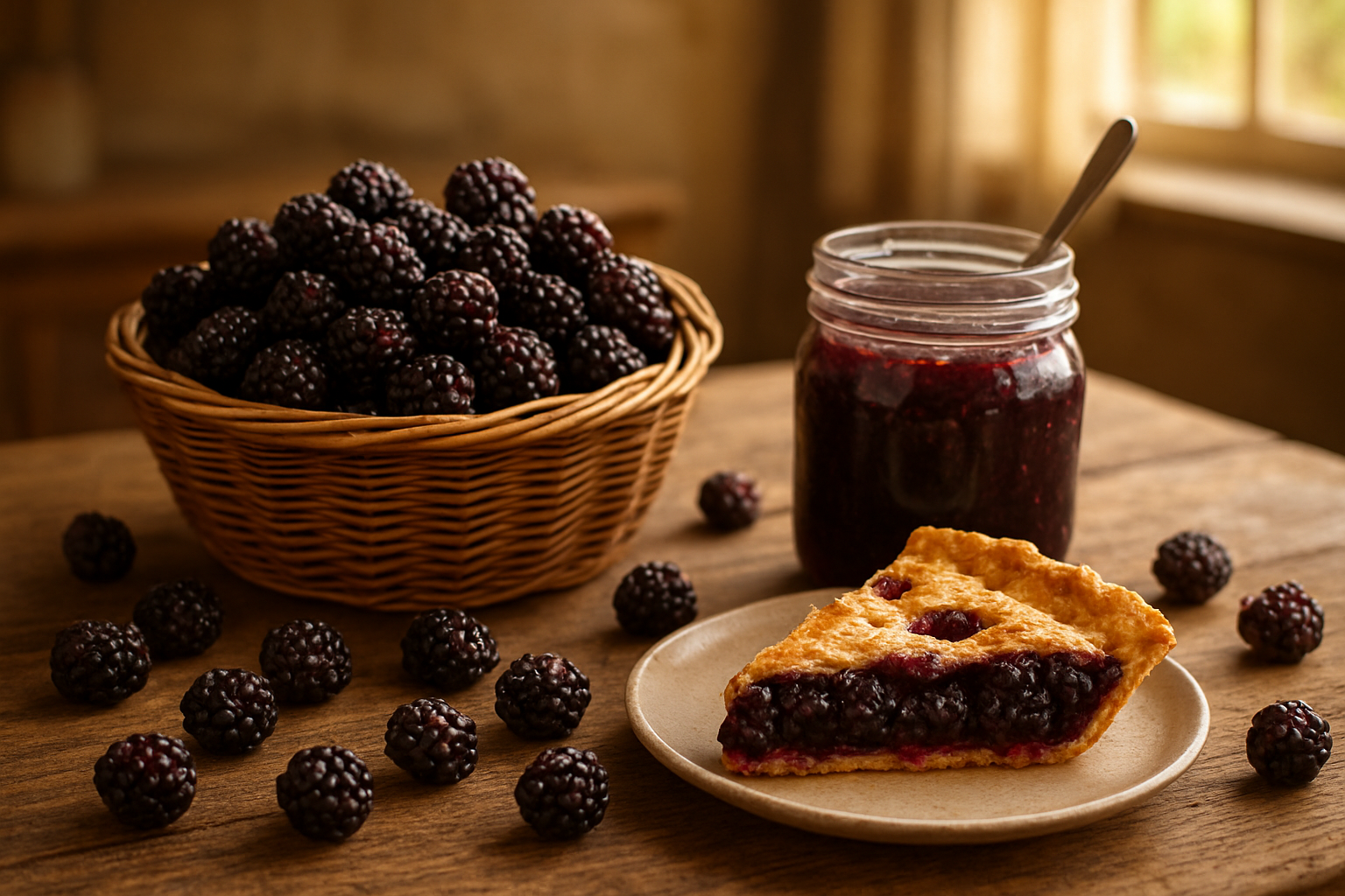 Create a realistic image of a rustic wooden table displaying fresh boysenberries in various forms: a wicker basket filled with ripe dark purple boysenberries, a glass jar of boysenberry jam, a slice of boysenberry pie, and scattered fresh berries around the table, set against a soft-focused kitchen background with warm natural lighting streaming through a window, creating an inviting and appetizing scene that showcases the versatility and appeal of boysenberries, absolutely NO text should be in the scene.