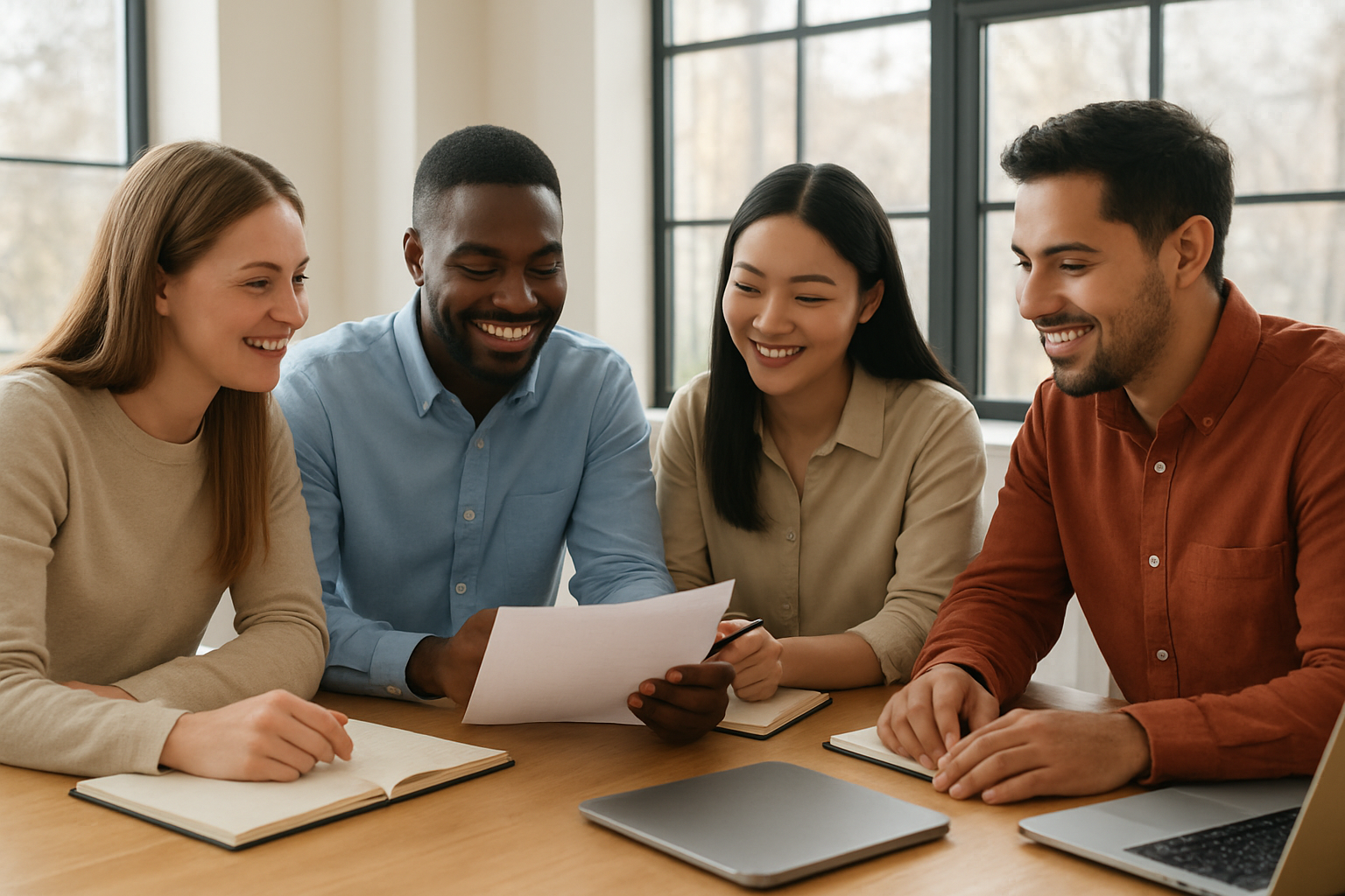 Create a realistic image of a diverse group of four people sitting around a modern wooden table in a bright, naturally lit room, including a white female, black male, Asian female, and Hispanic male, all appearing engaged and supportive as they review documents and notebooks together, with warm natural lighting streaming through large windows in the background, laptops and planners scattered on the table, creating an atmosphere of collaboration and mutual support for goal achievement, absolutely NO text should be in the scene.