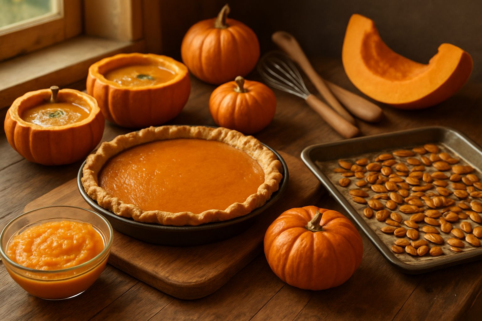 Create a realistic image of a rustic kitchen counter displaying various pumpkin culinary preparations including pumpkin pie with a golden crust, carved pumpkin bowls filled with soup, roasted pumpkin seeds on a baking sheet, fresh pumpkin puree in a glass bowl, sliced raw pumpkin pieces, whole small decorative pumpkins, and cooking utensils like wooden spoons and a whisk, all arranged on a wooden cutting board with warm natural lighting from a kitchen window, creating a cozy autumn cooking atmosphere with orange and golden tones, absolutely NO text should be in the scene.