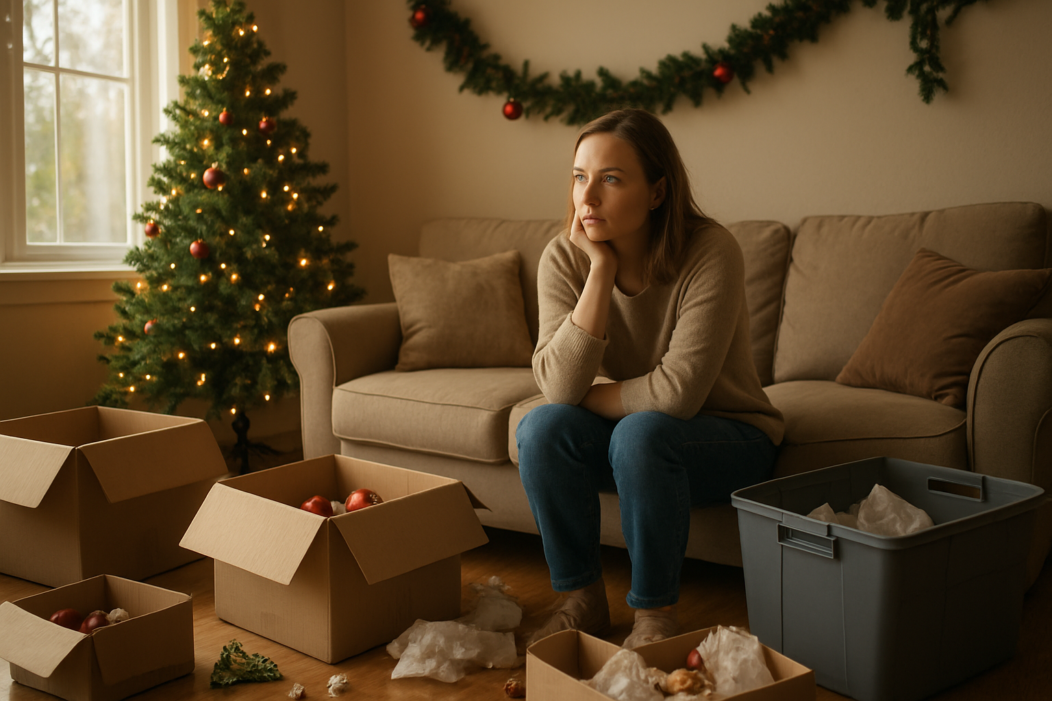 Create a realistic image of a cozy living room scene showing the aftermath of Christmas with a white female in her 30s sitting thoughtfully on a sofa surrounded by various Christmas decorations in different states - some still hung up like garland and ornaments, others partially packed in boxes on the floor, a small Christmas tree with lights still on, storage containers and packing materials scattered around, warm natural lighting coming through a window, creating a contemplative mood that represents the decision-making process of when to take down holiday decorations based on personal lifestyle choices, absolutely NO text should be in the scene.