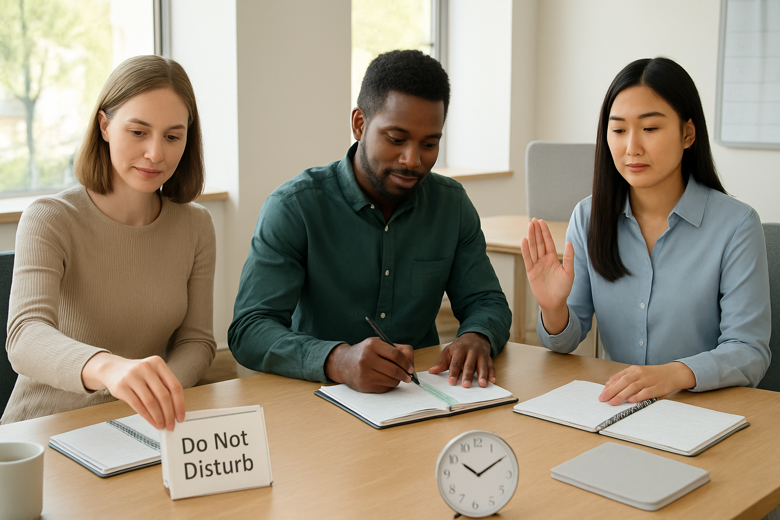 Create a realistic image of a diverse group of people in a bright, modern workspace implementing boundary-setting strategies, showing a white female placing a "do not disturb" sign on her desk, a black male organizing his calendar with clear time blocks, and an Asian female politely declining a request with a gentle hand gesture, surrounded by organizational tools like planners, clocks, and neat workspace dividers, with natural lighting streaming through large windows creating a calm and empowering atmosphere, absolutely NO text should be in the scene.