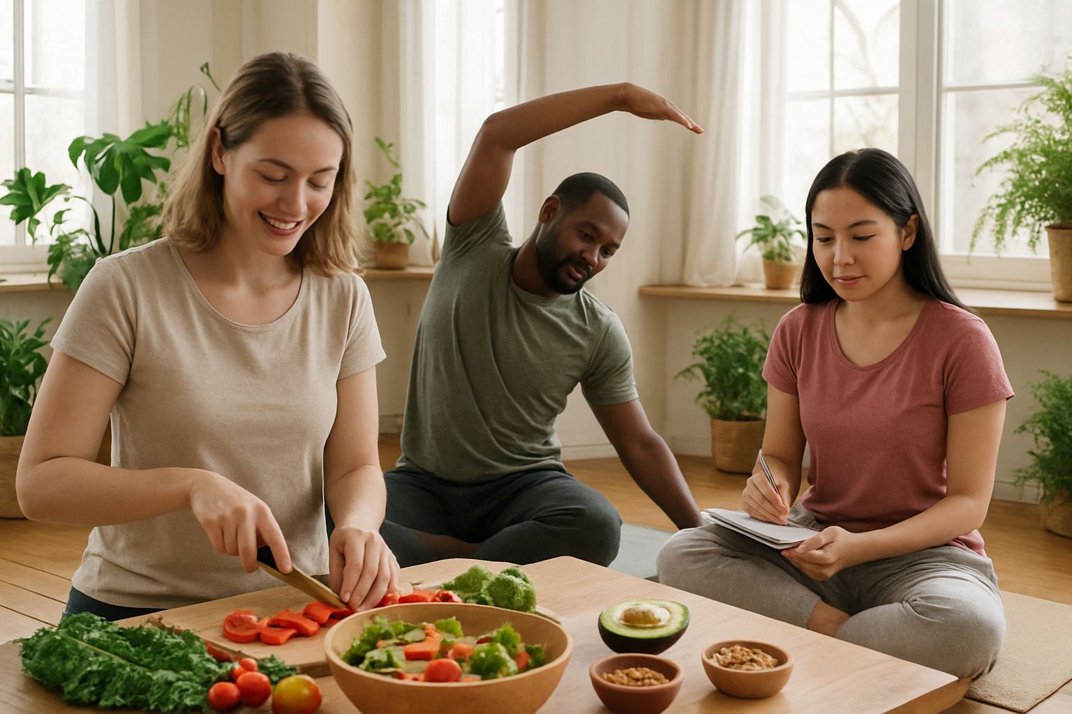 Create a realistic image of a diverse group including a white female, black male, and Asian female engaging in healthy lifestyle activities together in a bright, welcoming indoor space, showing them preparing nutritious colorful meals, doing gentle yoga stretches, and writing in journals, with natural plants, wooden elements, and soft natural lighting streaming through large windows creating a peaceful, sustainable wellness atmosphere that emphasizes gradual positive changes and self-care routines, absolutely NO text should be in the scene.