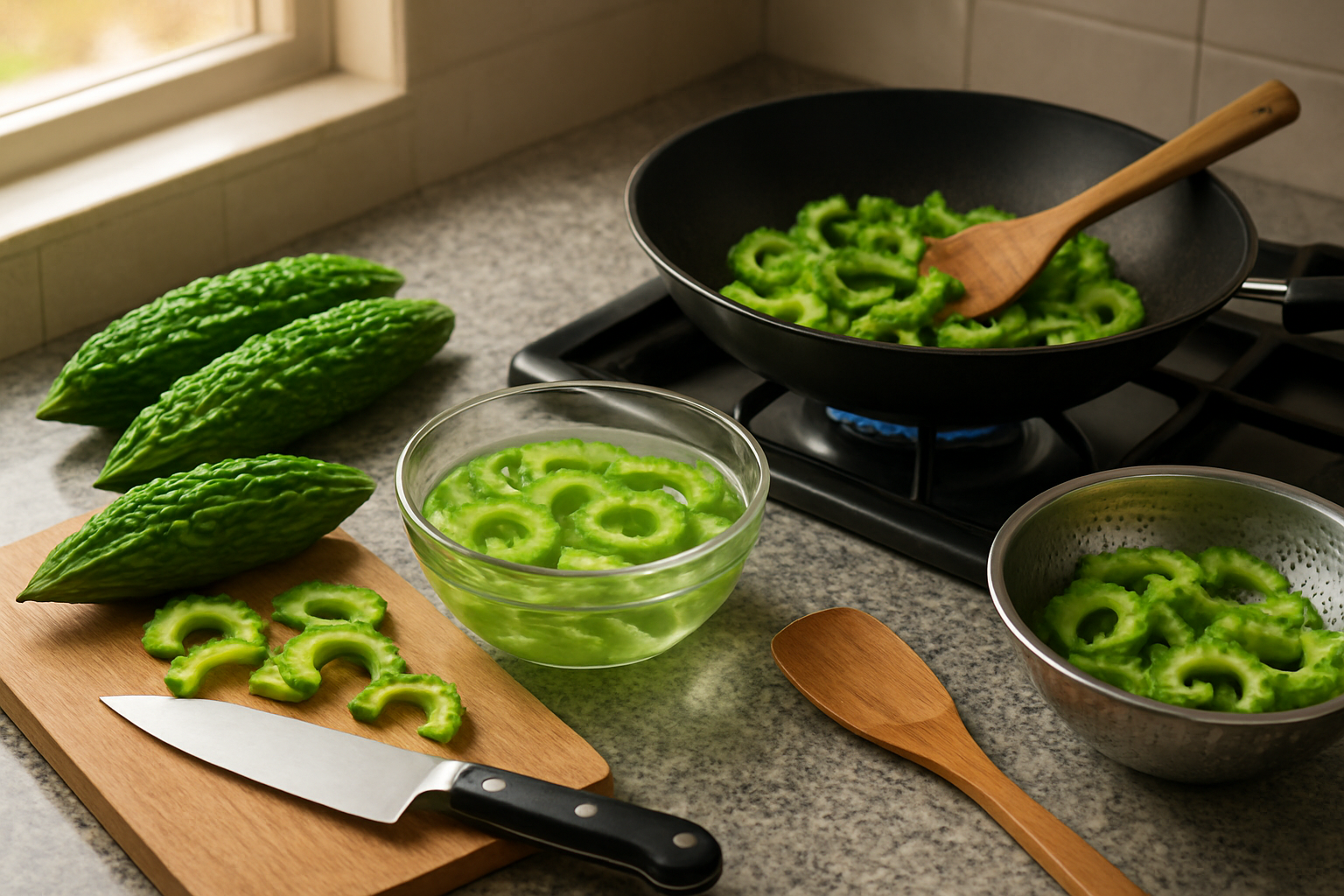 Create a realistic image of a modern kitchen scene showing various cooking techniques for bitter melon preparation, featuring whole green bumpy bitter melons on a wooden cutting board alongside sliced bitter melon pieces soaking in a glass bowl of salted water, a wok or large skillet on a gas stove with bitter melon being stir-fried, some blanched bitter melon pieces in a colander, and cooking utensils like a chef's knife and wooden spatula arranged on a clean granite countertop, with warm natural lighting from a nearby window illuminating the cooking area, absolutely NO text should be in the scene.