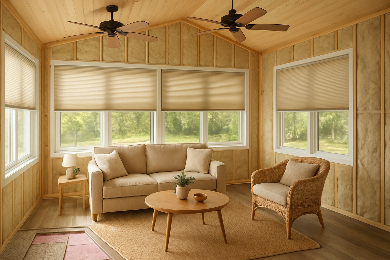 Create a realistic image of a bright, comfortable sunroom interior showcasing multiple insulation solutions working together harmoniously, featuring insulated window treatments with cellular shades, proper floor insulation visible through a cut-away section, ceiling fans for ventilation, and wall insulation materials, with warm natural lighting streaming through energy-efficient windows, cozy furniture arranged to demonstrate year-round comfort, and a welcoming atmosphere that conveys the successful implementation of seasonal insulation strategies, absolutely NO text should be in the scene.