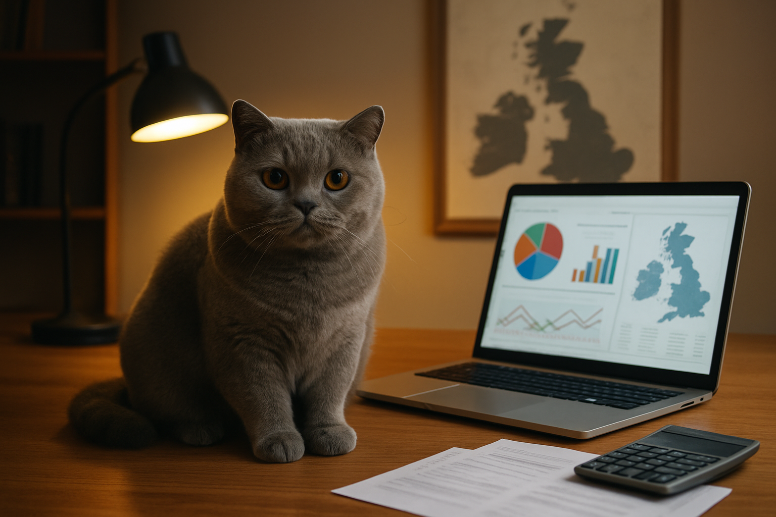 Create a realistic image of a British Shorthair cat sitting on a wooden desk next to an open laptop computer displaying colorful charts and graphs, with a map of the UK visible on the wall in the background, calculator and insurance documents scattered on the desk surface, warm office lighting from a desk lamp, professional yet cozy home office atmosphere, the cat looking directly at camera with its characteristic round face and dense blue-gray coat, absolutely NO text should be in the scene.