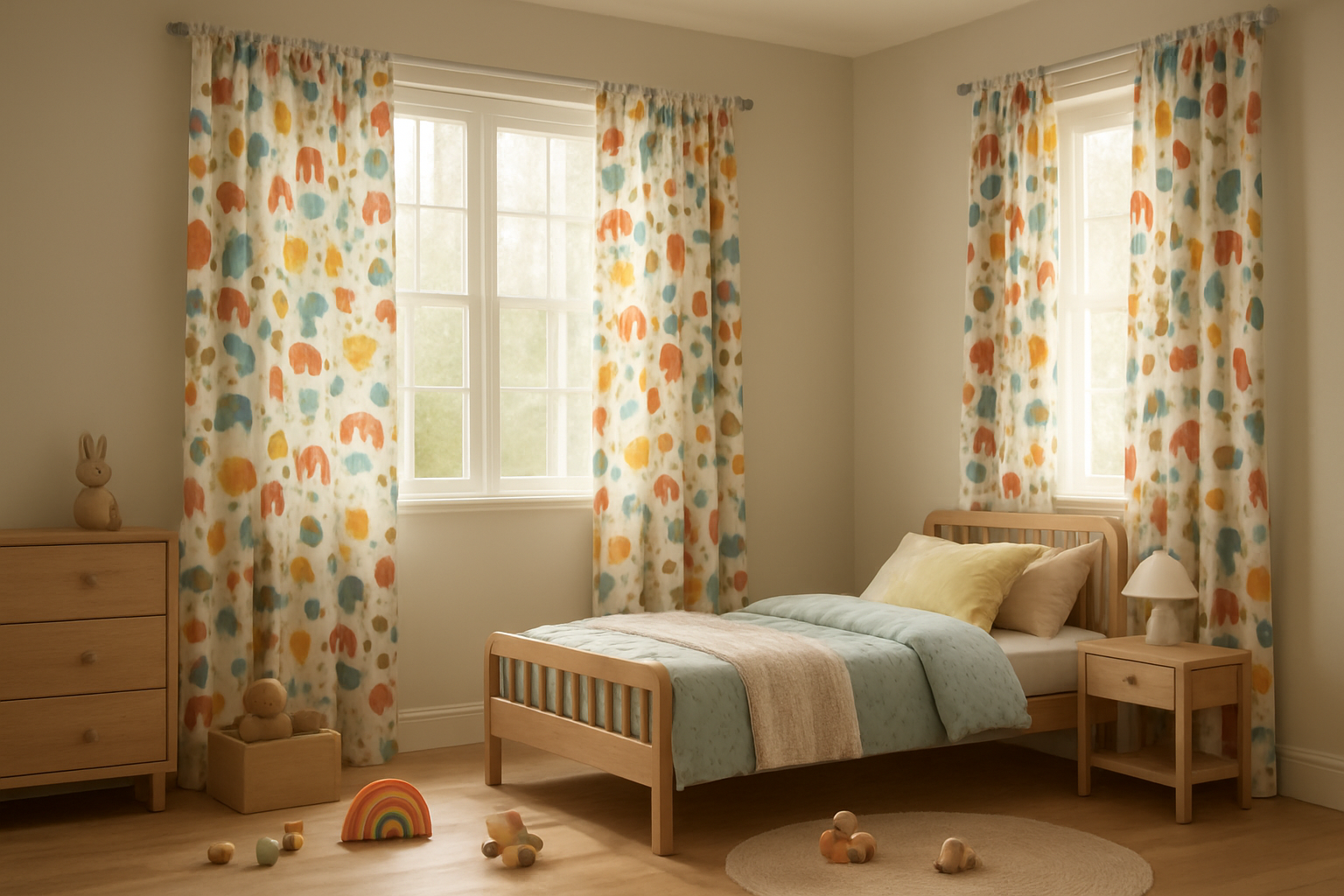 Create a realistic image of a beautifully designed children's bedroom showcasing custom-made curtains as the focal point, featuring colorful patterned curtains with playful designs hanging perfectly on windows, a cozy kids' bed with soft bedding, wooden furniture, toys scattered naturally around the room, warm natural sunlight filtering through the curtains creating a comfortable atmosphere, soft pastel wall colors, a clean and organized space that demonstrates the perfect conclusion of a curtain installation project, captured from a wide angle to show the complete room setup with professional interior lighting, absolutely NO text should be in the scene.