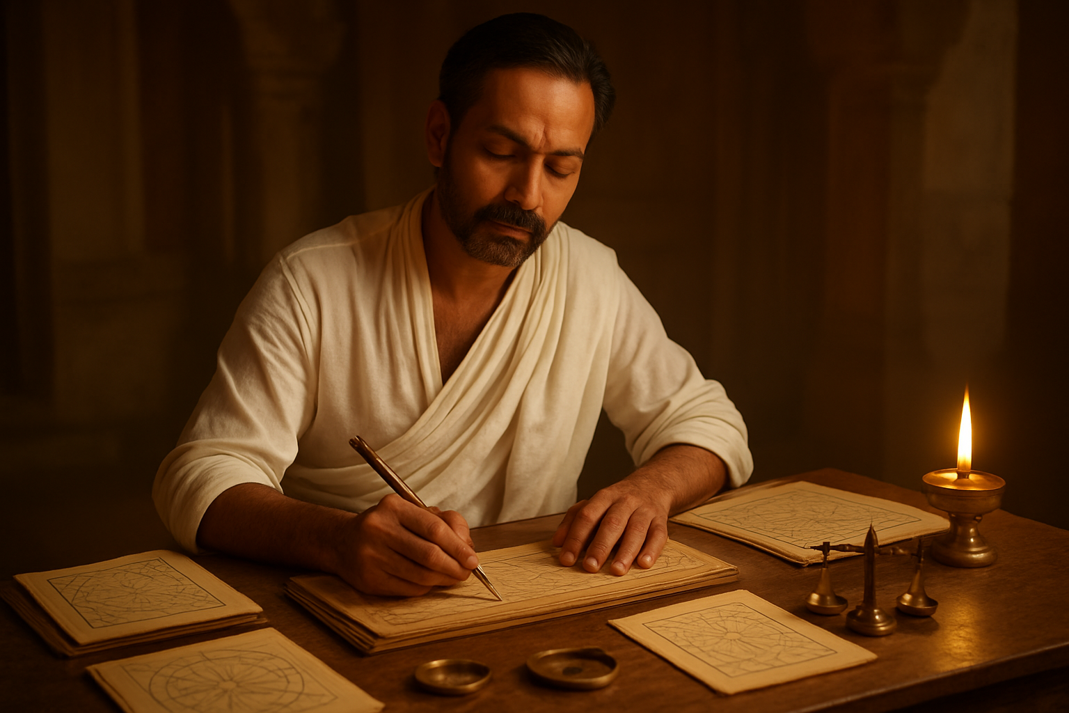 Create a realistic image of an elegant South Asian male pandit or astrologer in traditional white dhoti and shawl sitting cross-legged at a wooden desk, writing calculations on ancient palm leaf manuscripts with a traditional reed pen, surrounded by open panchang calendars, astrological charts, and brass instruments like compass and small scales, with soft warm golden lighting from an oil lamp creating a serene spiritual atmosphere, traditional Indian architectural elements visible in the blurred background, representing the completion and mastery of muhurat calculation knowledge, absolutely NO text should be in the scene.