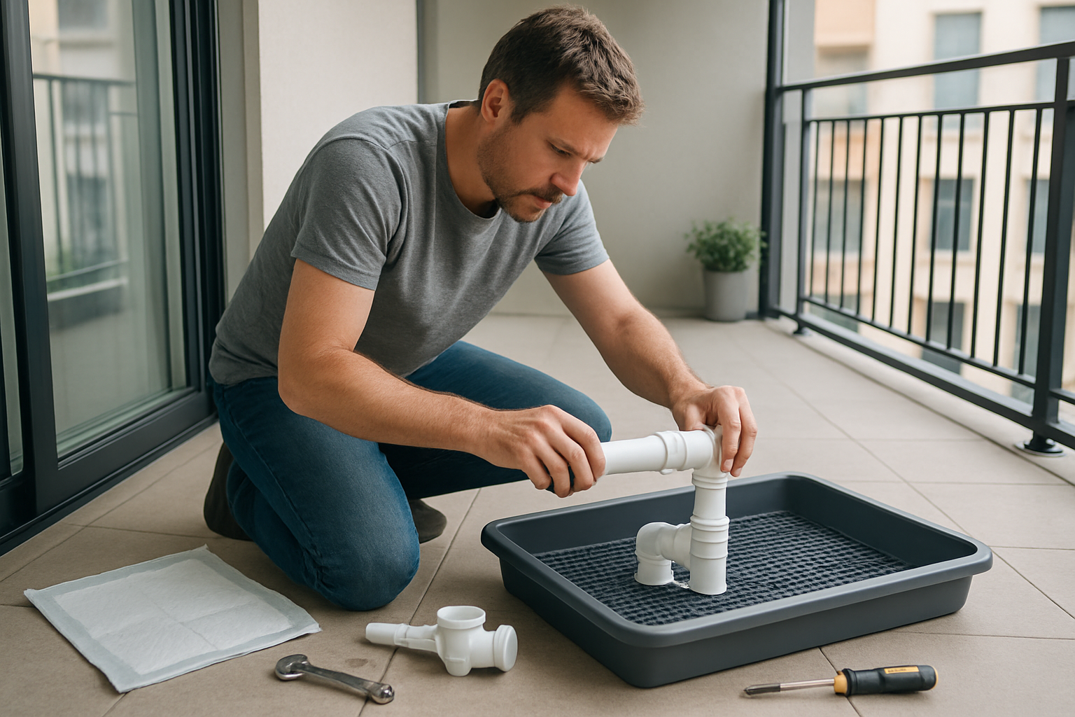 Create a realistic image of a white male person kneeling on a modern indoor patio or balcony floor, assembling a dog potty system with drainage components, showing his hands connecting plumbing pipes and fittable parts, with potty training pads, installation tools like a wrench and screwdriver scattered nearby, clean modern apartment balcony background with natural daylight coming through glass doors, focused and concentrated mood during the assembly process, absolutely NO text should be in the scene.