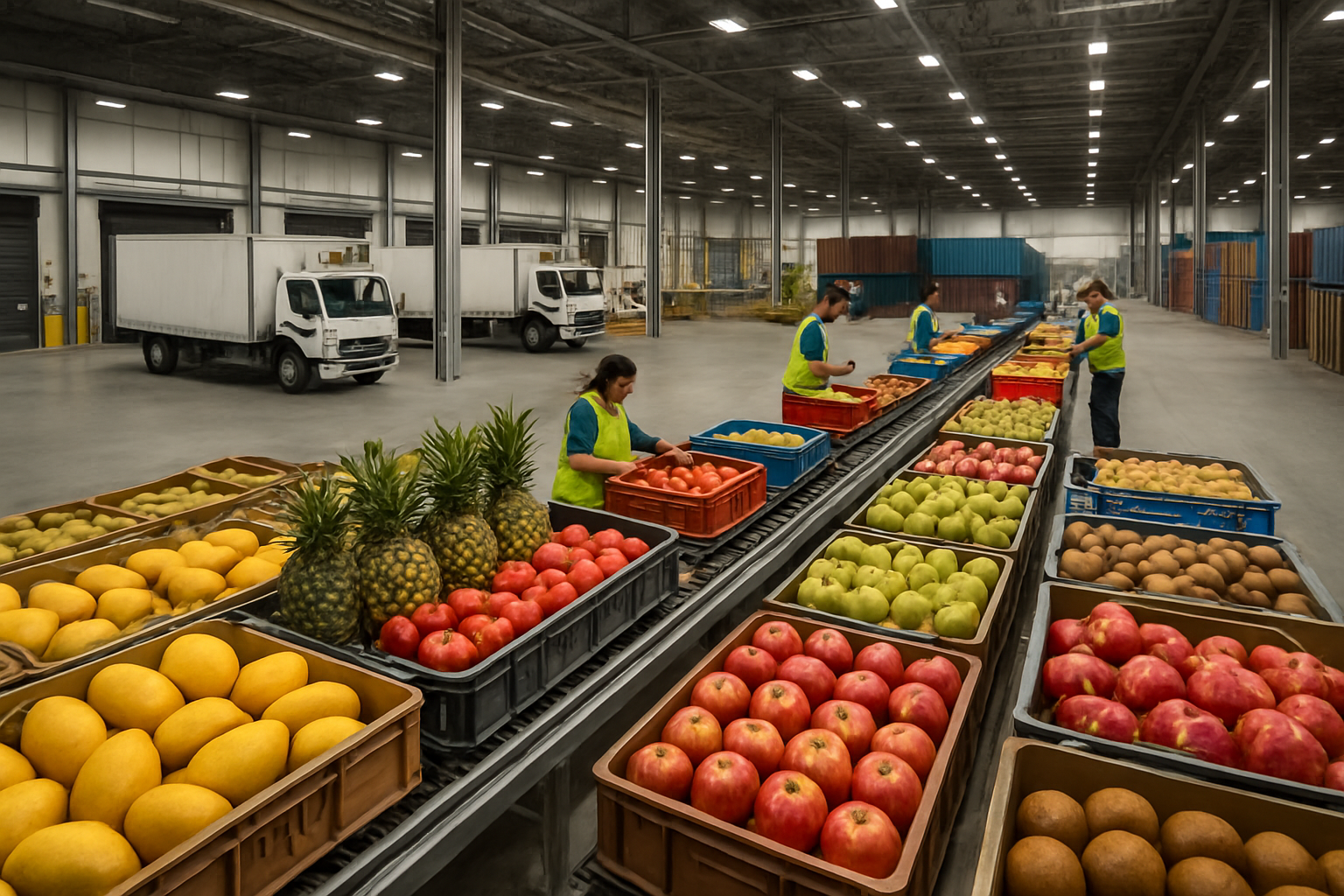Create a realistic image of a large modern warehouse distribution center with multiple loading docks showing seasonal fruits from different regions being sorted and packaged, including tropical mangoes and pineapples, temperate apples and pears, and exotic dragon fruits and kiwis arranged in organized sections, with refrigerated trucks and cargo containers in the background, conveyor belts moving colorful fruit crates, bright industrial lighting illuminating the bustling logistics operation, representing the global supply chain that ensures year-round fruit availability, absolutely NO text should be in the scene.