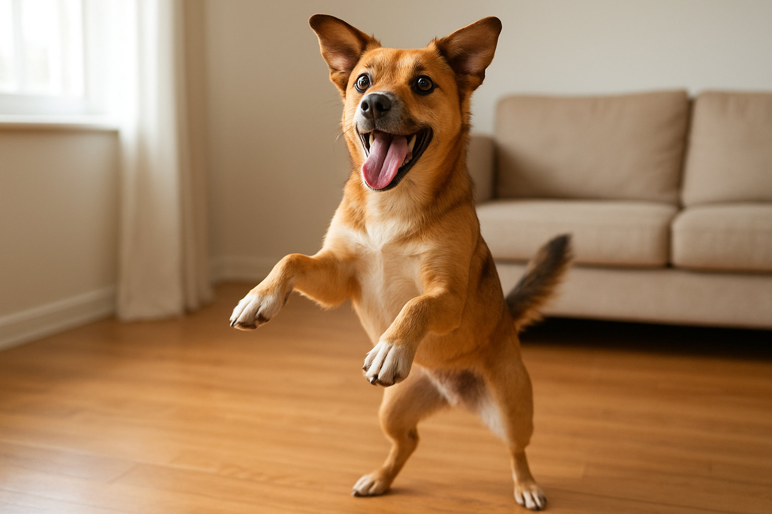 Create a realistic image of an overexcited medium-sized dog showing clear behavioral signs including jumping up with front paws raised, mouth open with tongue hanging out, ears perked forward, tail wagging vigorously, eyes wide and alert, captured mid-motion in a bright indoor living room setting with natural lighting from a window, wooden floors, and a couch in the background, emphasizing the dog's energetic and hyperactive state through dynamic body language and animated expression, absolutely NO text should be in the scene.