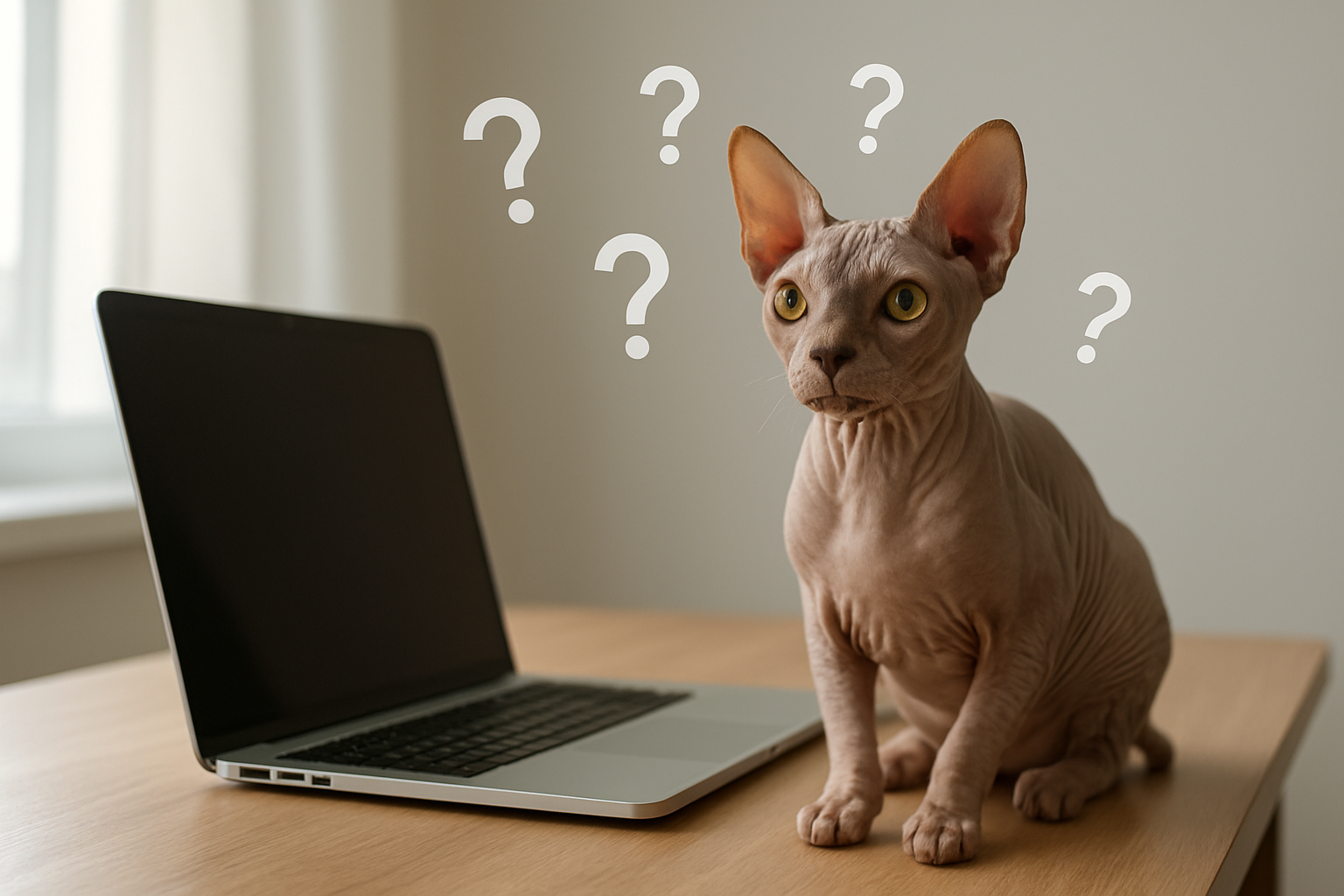 Create a realistic image of a curious-looking hairless cat breed (such as a Sphynx cat) sitting on a modern desk next to an open laptop computer, with question mark symbols floating subtly in the air around the cat, soft natural lighting from a nearby window, clean indoor setting with neutral colors, the cat appearing alert and inquisitive as if ready to answer questions, absolutely NO text should be in the scene.