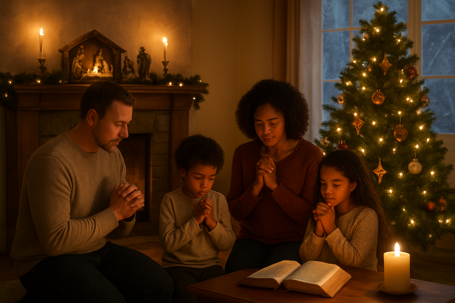 Create a realistic image of a cozy living room scene with a diverse family including a white father, black mother, and their two mixed-race children gathered around a beautifully decorated Christmas tree, with the family kneeling in prayer together, warm golden lighting from candles and fireplace creating a peaceful atmosphere, nativity scene displayed on the mantle, open Bible on a nearby coffee table, Christmas ornaments with religious symbols visible on the tree, soft evening lighting streaming through frost-covered windows, creating a serene and spiritually meaningful Christmas moment, absolutely NO text should be in the scene.