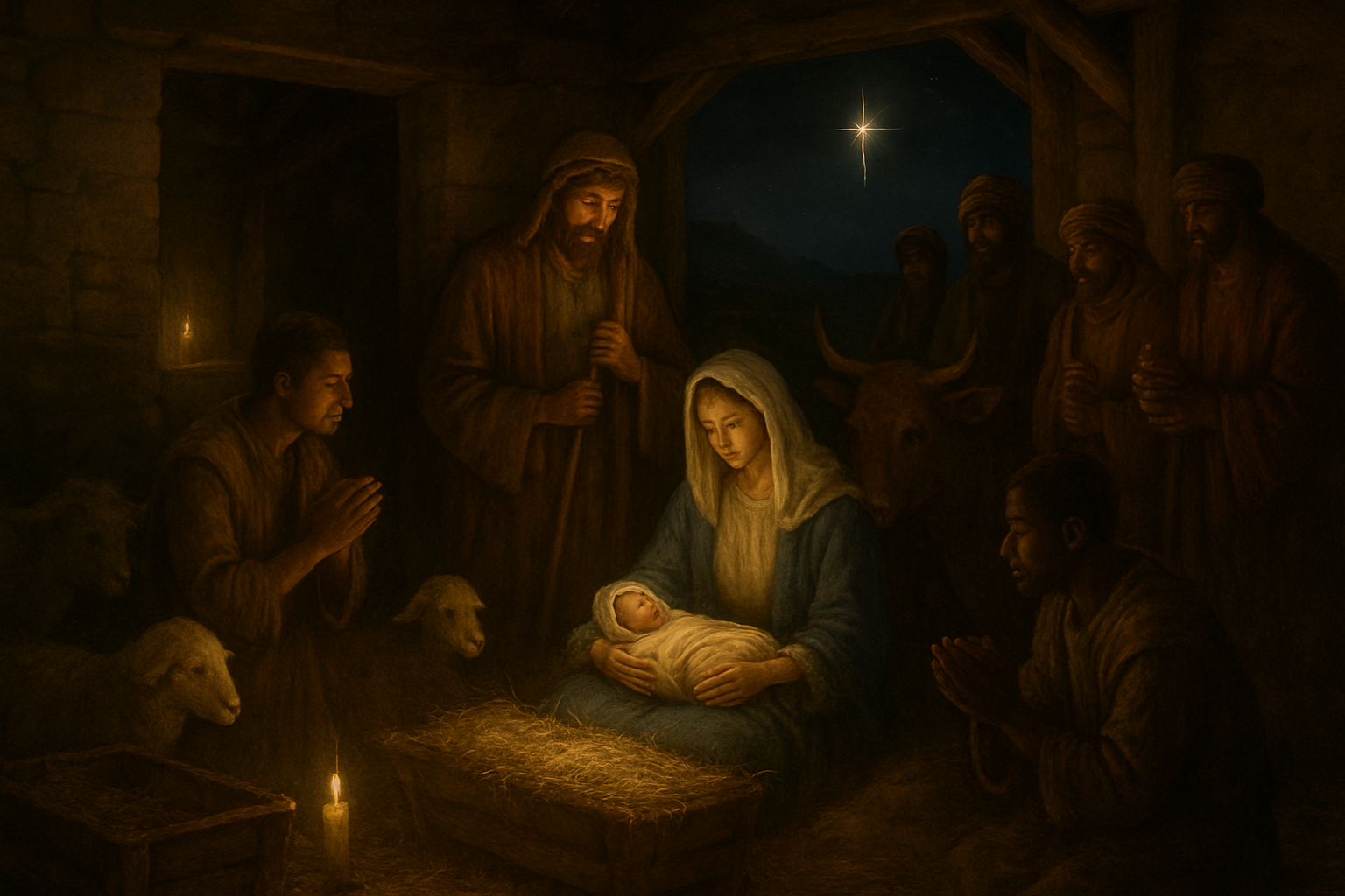 Create a realistic image of a traditional Christian nativity scene with Mary, Joseph, and baby Jesus in a humble stable setting, surrounded by wooden hay-filled mangers, soft golden candlelight illuminating the holy family, shepherds of diverse ethnicities including white and black males kneeling in reverent worship, wise men bearing gifts approaching from the background, farm animals like sheep and cattle peacefully gathered around, a rustic wooden stable with stone walls, warm amber and golden lighting creating a sacred and peaceful atmosphere, with a bright star visible through the stable opening in the dark night sky above, absolutely NO text should be in the scene.