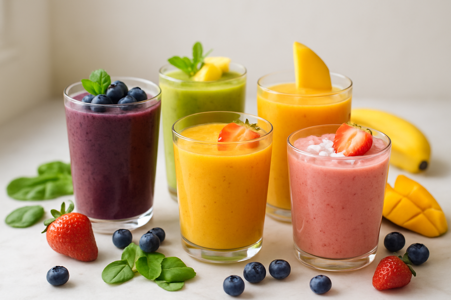 Create a realistic image of a beautifully arranged display of multiple colorful fruit smoothies in clear glasses of varying heights, featuring vibrant purple berry smoothies, bright green tropical smoothies, orange mango blends, and pink strawberry combinations, each topped with fresh fruit garnishes like berries, mint leaves, and coconut flakes, arranged on a clean white marble countertop with scattered fresh fruits including strawberries, blueberries, spinach leaves, bananas, and mangoes around the glasses, soft natural lighting streaming from the left side creating gentle shadows, bright and inviting atmosphere suggesting health and wellness, shallow depth of field with the foreground smoothies in sharp focus, absolutely NO text should be in the scene.