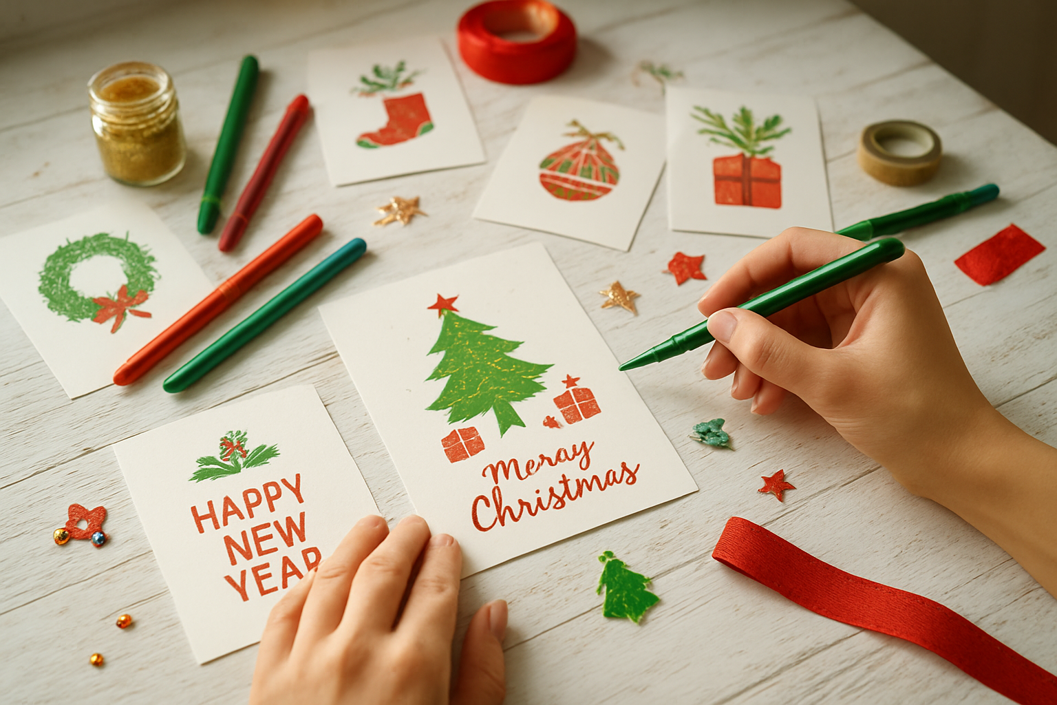 Create a realistic image of a cozy crafting workspace featuring several Christmas and New Year printable cards being personalized with various craft supplies including colored pens, markers, glitter, ribbons, small decorative stickers, and washi tape scattered on a white wooden desk, with hands of a white female carefully adding decorative elements to a holiday card, soft natural lighting from a nearby window illuminating the scene, creating a warm and creative atmosphere perfect for holiday card customization, absolutely NO text should be in the scene.