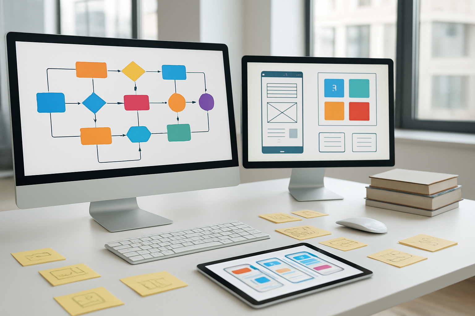 Create a realistic image of a modern software development workspace showing multiple computer monitors displaying colorful flowcharts, wireframes, and UI design patterns with connecting arrows and geometric shapes, a clean white desk with a wireless keyboard and mouse, sticky notes with sketched diagrams scattered around, a tablet showing mobile app mockups, and coding documentation books stacked nearby, set in a bright contemporary office environment with natural lighting from large windows, conveying an atmosphere of innovation and systematic design thinking, absolutely NO text should be in the scene.