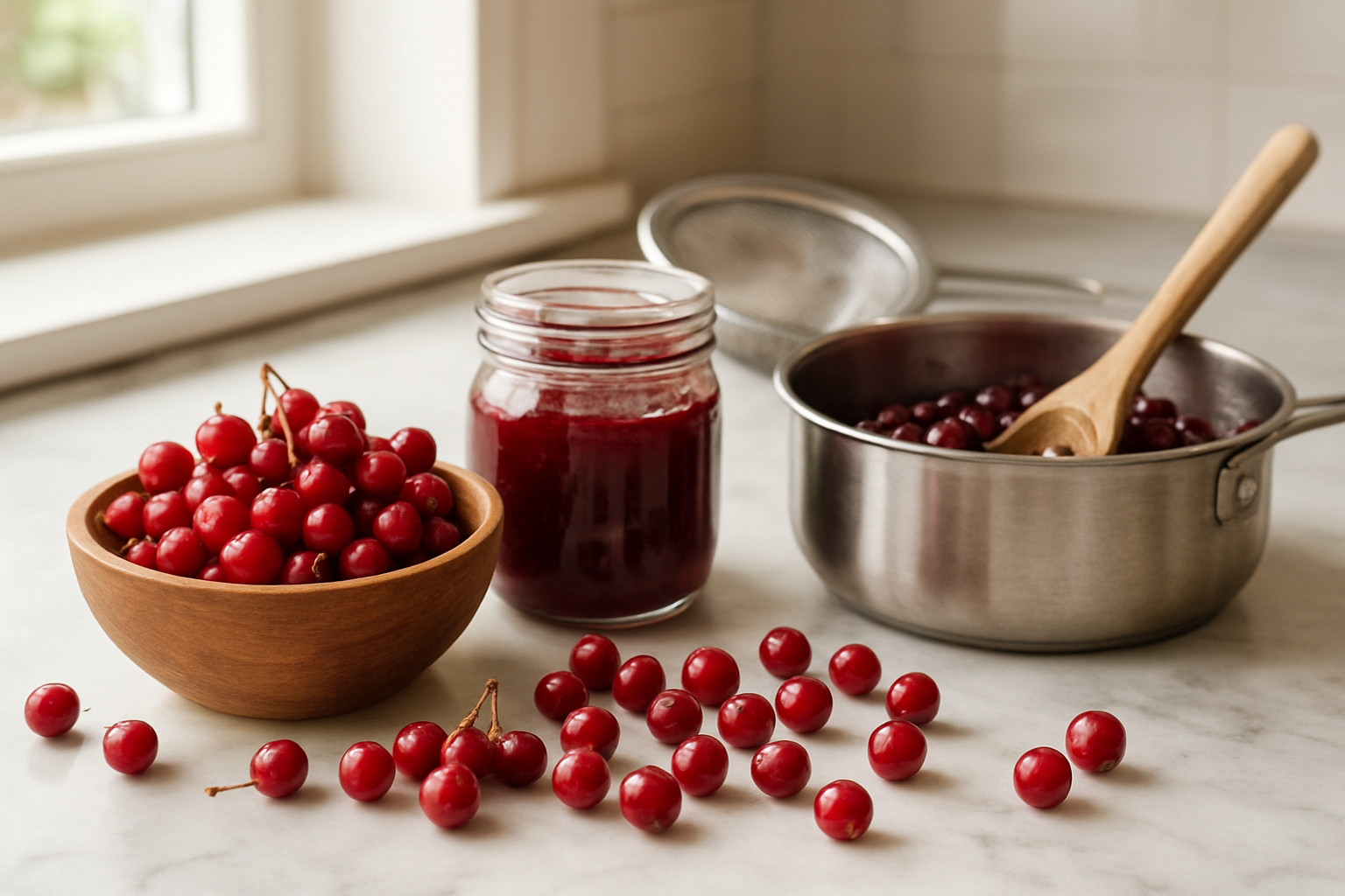 Create a realistic image of fresh red chokeberries being prepared in a modern kitchen setting, with some berries in a wooden bowl, others scattered on a marble countertop, a glass jar filled with chokeberry jam or preserves, a small saucepan with cooked berries, and kitchen utensils like a wooden spoon and strainer nearby, soft natural lighting from a window, warm and inviting culinary atmosphere. Absolutely NO text should be in the scene.