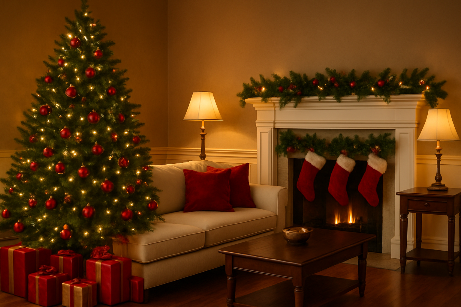 Create a realistic image of a beautifully decorated living room showcasing practical Christmas color applications with a festive red and green color scheme, featuring a Christmas tree adorned with red ornaments and gold accents, red velvet throw pillows on a cream-colored sofa, green garland draped along a white fireplace mantel with red stockings hanging below, red and gold wrapped presents under the tree, warm golden lighting from table lamps and string lights creating a cozy holiday atmosphere, with rich wooden furniture and hardwood floors complementing the traditional Christmas colors, absolutely NO text should be in the scene.