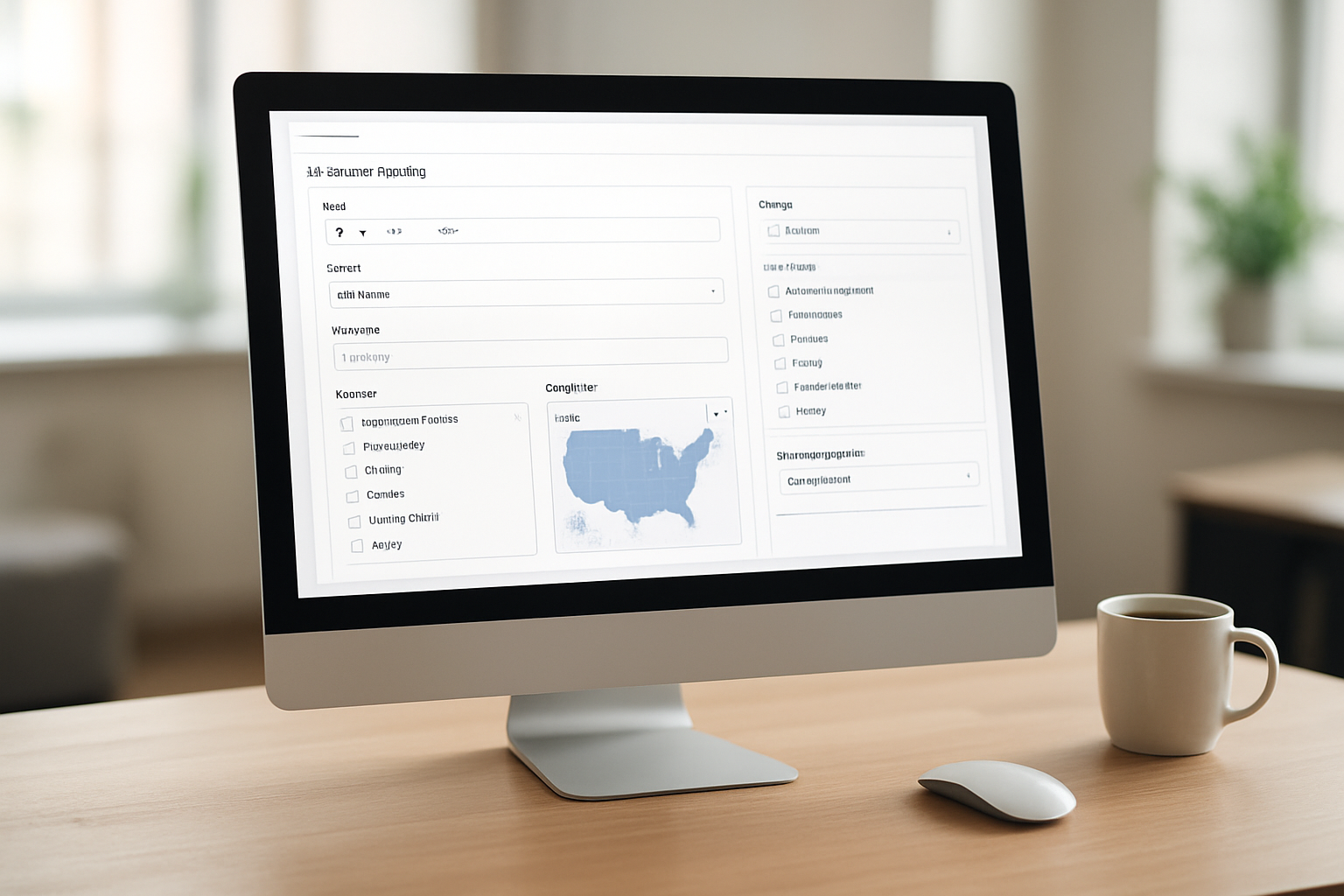 Create a realistic image of a modern computer screen displaying Facebook's advertising interface with targeting options panels visible, featuring demographic selection menus, interest categories, and geographic location settings, with a clean office desk setup including a wireless mouse and coffee cup, soft natural lighting from a nearby window, and a professional workspace atmosphere with blurred background elements. Absolutely NO text should be in the scene.