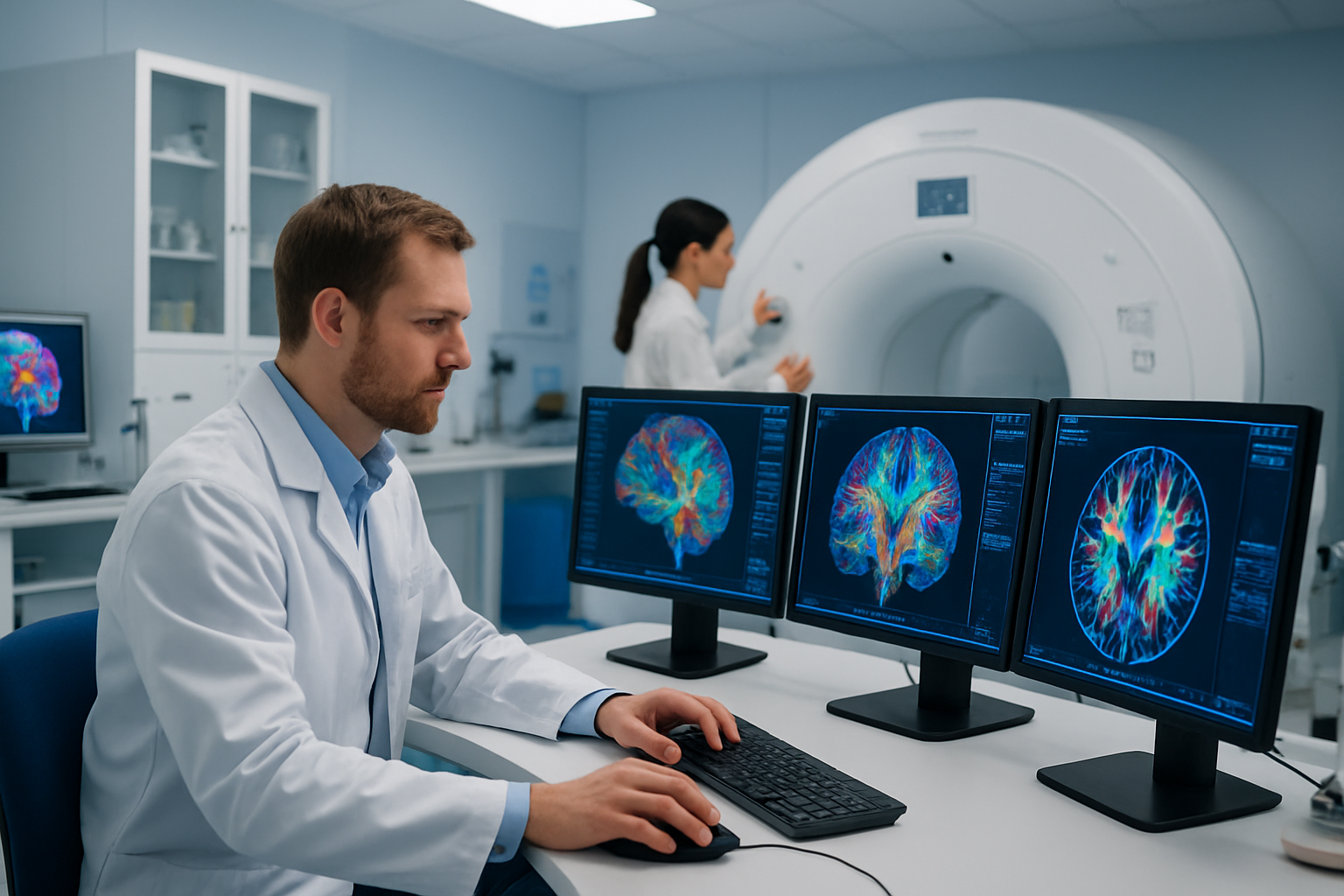 Create a realistic image of a modern neuroscience laboratory with advanced MRI brain scan displays showing colorful fiber tract visualizations on multiple computer monitors, scientific equipment and brain imaging technology in the background, sterile white and blue laboratory environment with professional medical lighting, a white male researcher in a lab coat analyzing DTI brain connectivity data on a workstation, and a white female scientist operating MRI control systems, conveying cutting-edge medical research atmosphere, absolutely NO text should be in the scene.
