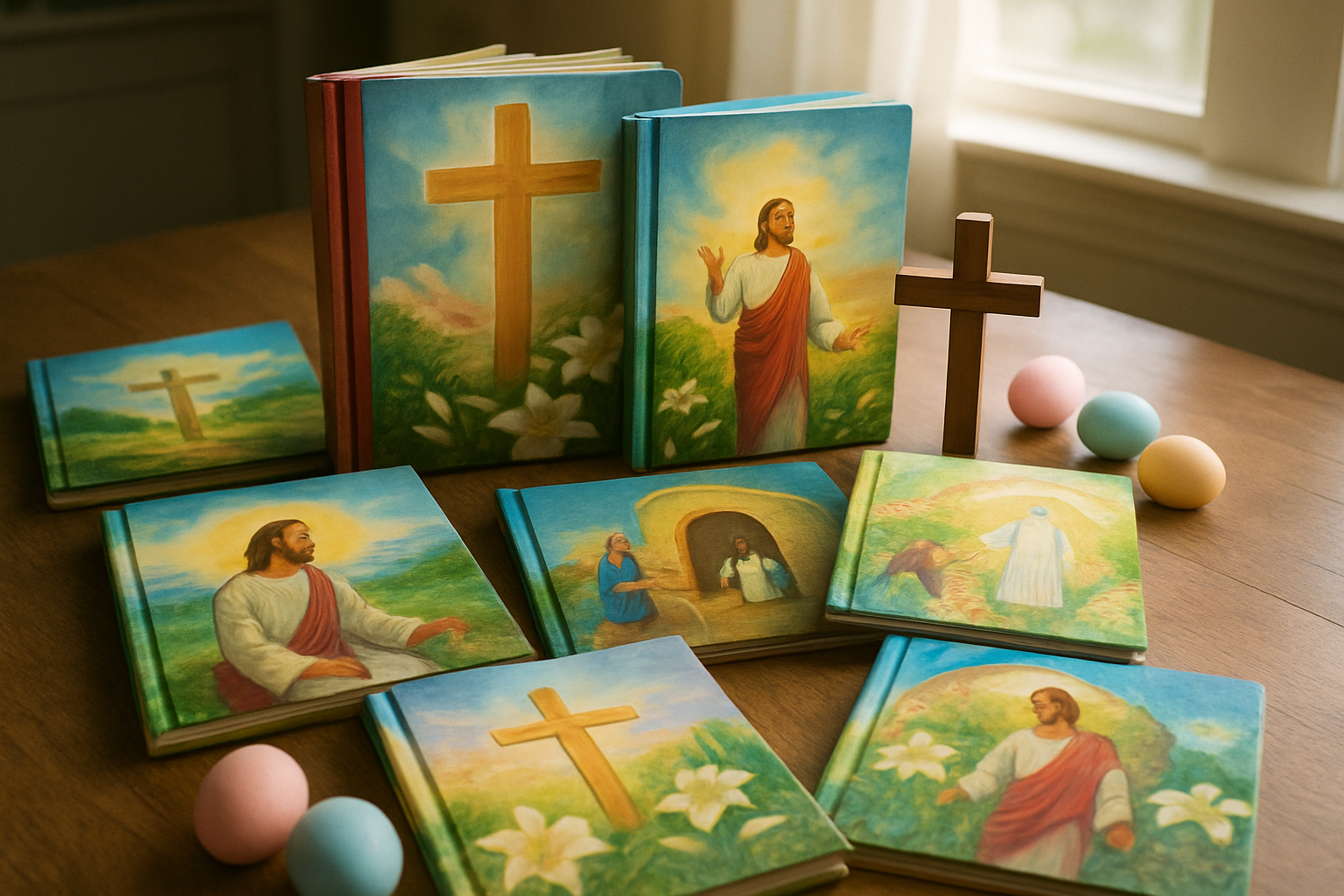 Create a realistic image of a collection of colorful children's Easter books spread out on a wooden table, featuring illustrated covers with crosses, Jesus, Easter lilies, and resurrection scenes, with a few books standing upright displaying their spines, accompanied by Easter decorations like pastel eggs and a small wooden cross, set against a soft natural lighting from a nearby window, creating a warm and peaceful reading atmosphere. Absolutely NO text should be in the scene.