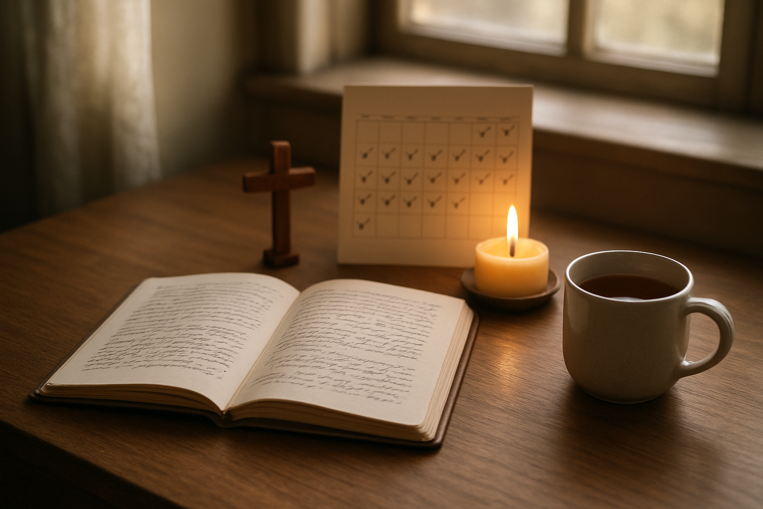 Create a realistic image of a serene indoor setting with a wooden desk featuring an open journal with handwritten notes, a calendar marked with daily progress checkmarks, a small wooden cross, a lit candle casting warm light, and a cup of tea, with soft natural lighting streaming through a window in the background creating a peaceful, contemplative atmosphere that suggests consistency and spiritual discipline, absolutely NO text should be in the scene.