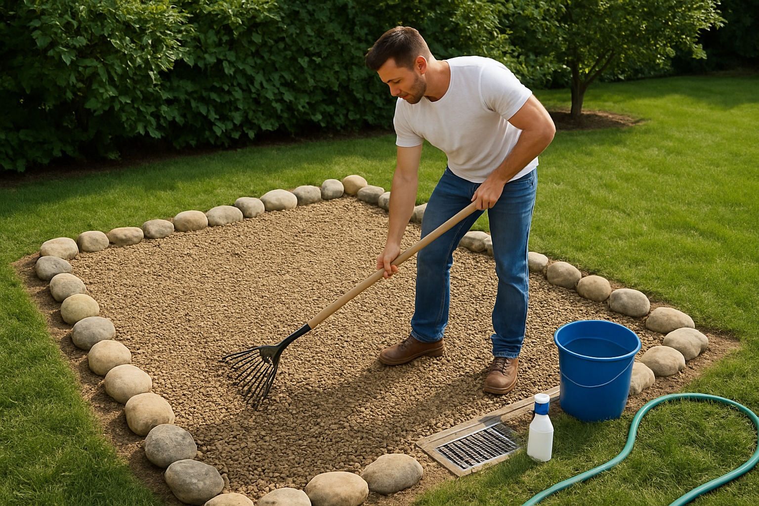 Create a realistic image of a well-maintained outdoor dog potty area with rocks and gravel surface measuring 5x8 feet, showing a white male dog owner in his 30s using a rake to clean and maintain the area, with a drainage grate visible in one corner, a garden hose nearby for washing, and some cleaning supplies like a bucket and disinfectant spray bottle placed on the side, surrounded by green grass and outdoor setting with natural daylight, conveying a clean and organized pet care routine, absolutely NO text should be in the scene.