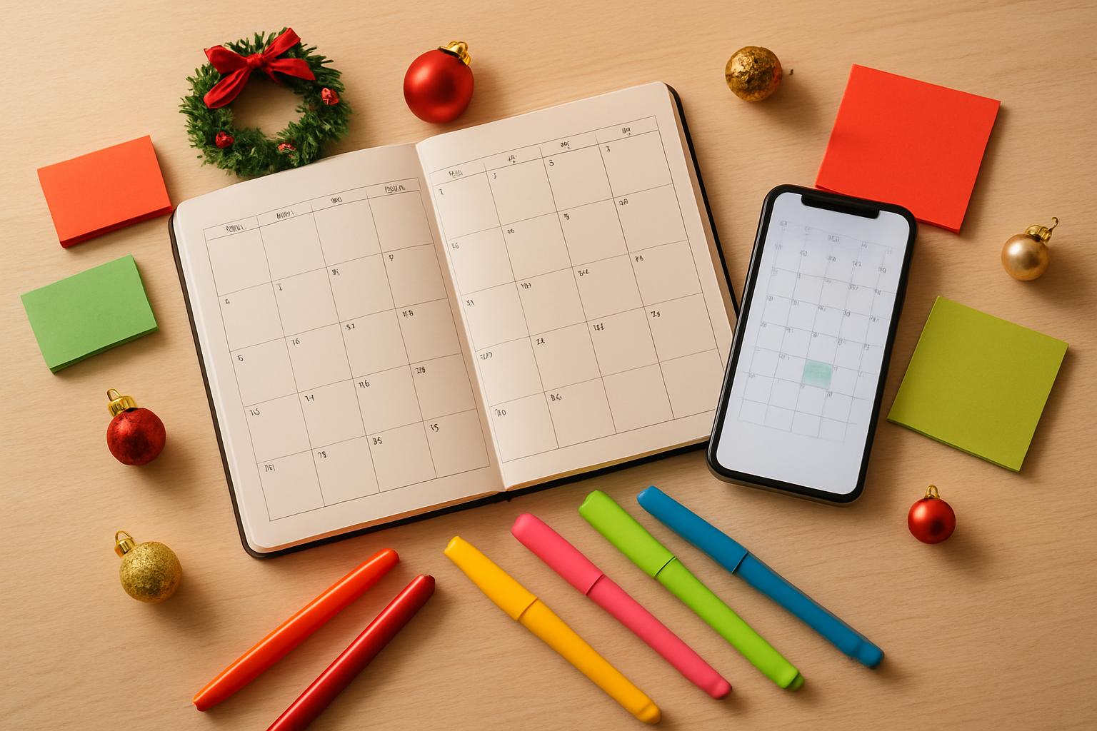 Create a realistic image of a well-organized desk or table surface featuring a open planner or calendar showing December dates, colorful pens and highlighters, sticky notes in festive colors, a smartphone displaying a calendar app, and small Christmas decorations like miniature ornaments or a small wreath scattered around the workspace, with warm indoor lighting creating a cozy planning atmosphere, shot from above at a slight angle to show all organizational materials clearly, with a clean wooden or white surface as the background, absolutely NO text should be in the scene.